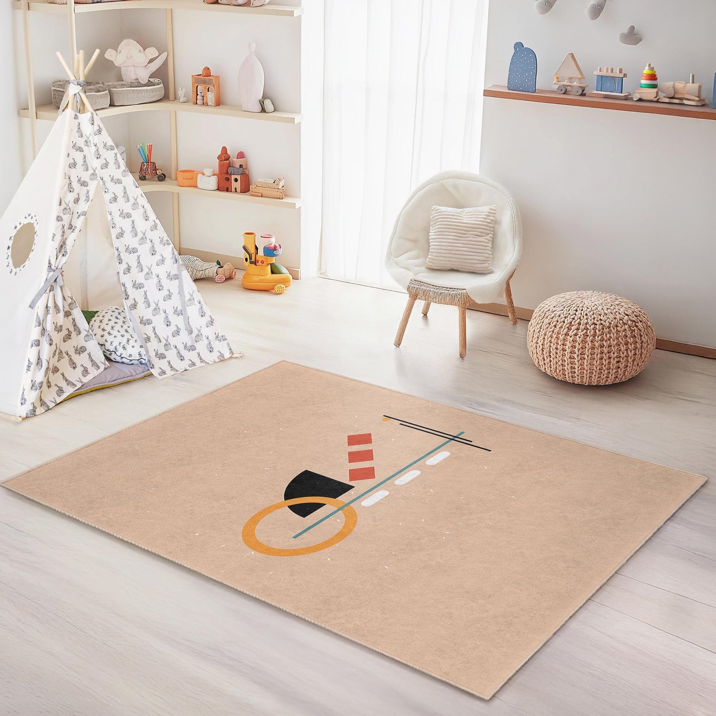 Verspielter Kinderteppich mit geometrischen Formen, rechteckiger Kinderzimmerteppich, moderne Spielmatte, farbenfrohe Kinderzimmerdekoration, weicher Kinderteppich
