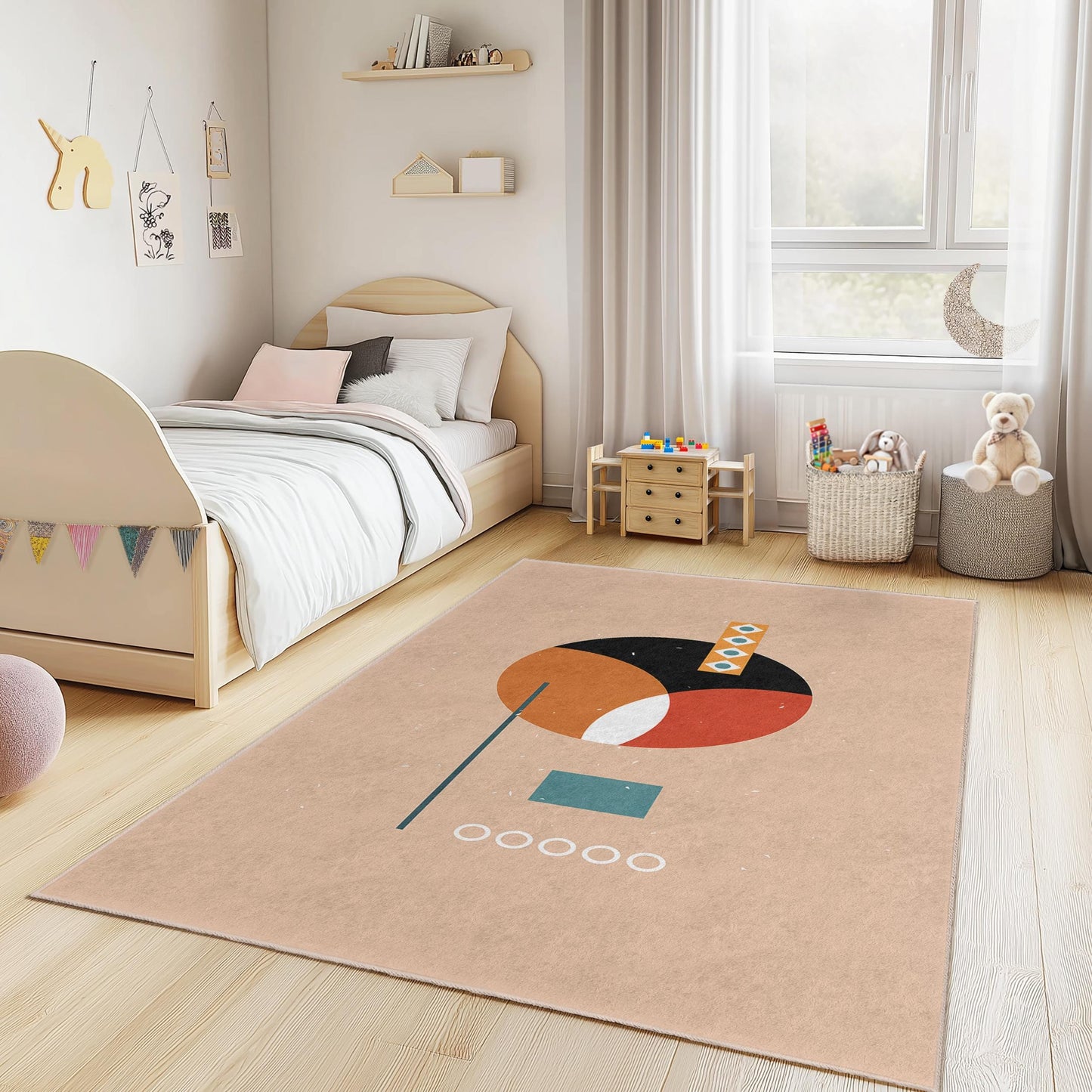 Bunter, geometrischer Rechteckteppich, moderne Kinderzimmerdekoration, verspielter Kinderteppich, stilvoller Babyzimmerteppich, weiche Spielmatte