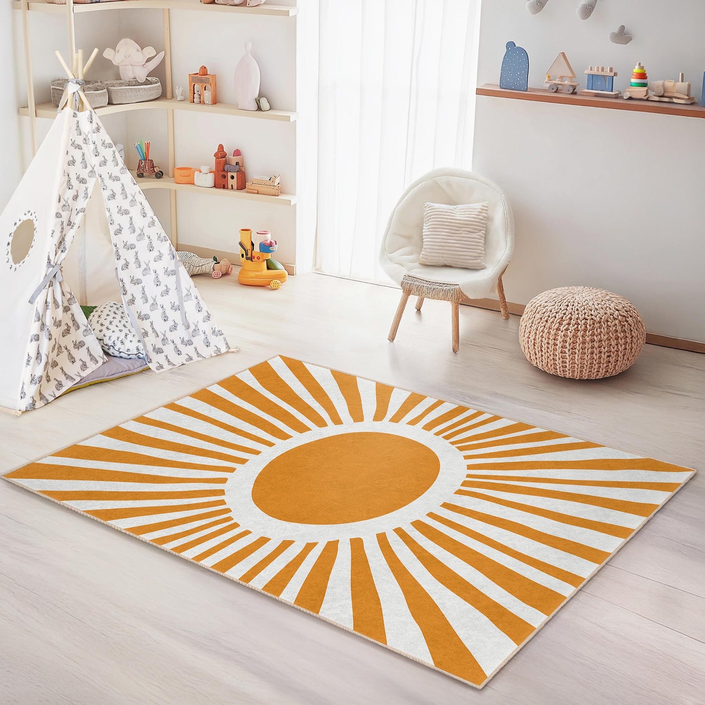 Kinderzimmerteppich mit Sonnenmotiv, rechteckiger Teppich mit gelbem Sonnendesign, Kinderzimmerdekoration, Spielzimmerteppich, weicher Kinderteppich, farbenfroher Akzent