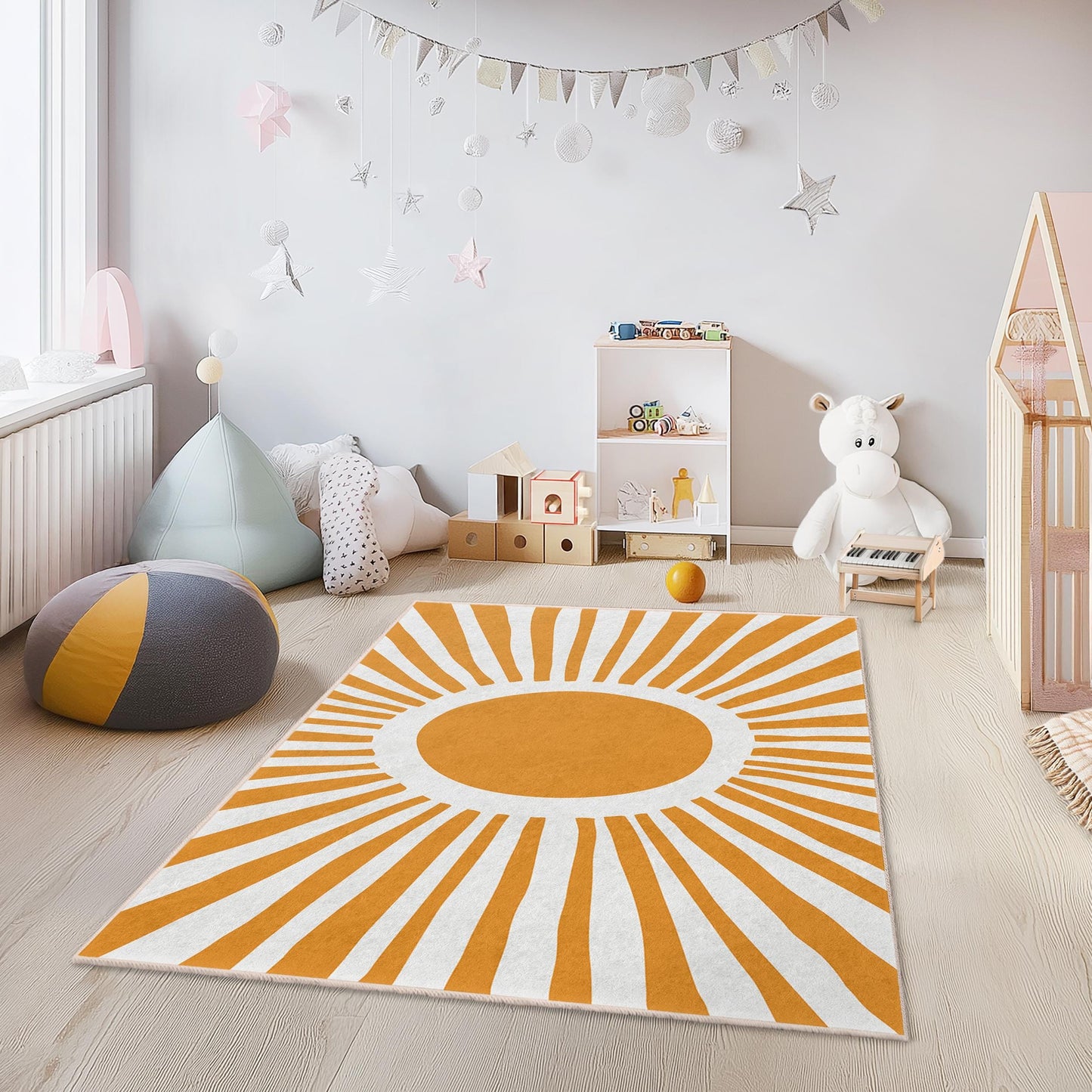 Kinderzimmerteppich mit Sonnenmotiv, rechteckiger Teppich mit gelbem Sonnendesign, Kinderzimmerdekoration, Spielzimmerteppich, weicher Kinderteppich, farbenfroher Akzent