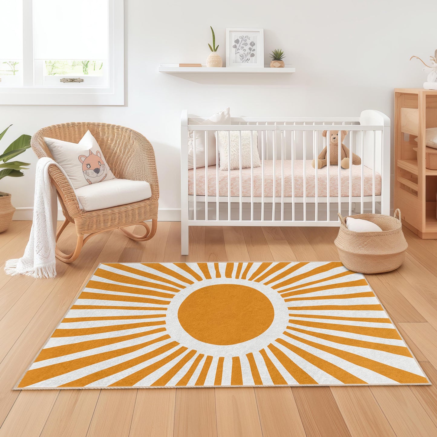 Kinderzimmerteppich mit Sonnenmotiv, rechteckiger Teppich mit gelbem Sonnendesign, Kinderzimmerdekoration, Spielzimmerteppich, weicher Kinderteppich, farbenfroher Akzent