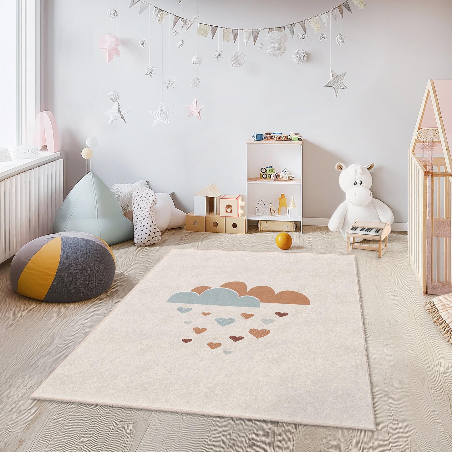 Rechteckiger Kinderteppich mit Wolken- und Herzmotiv, niedlicher Kinderzimmerteppich, Spielzimmerdekoration, weicher Kinderteppich, bezaubernder Kinderzimmerteppich