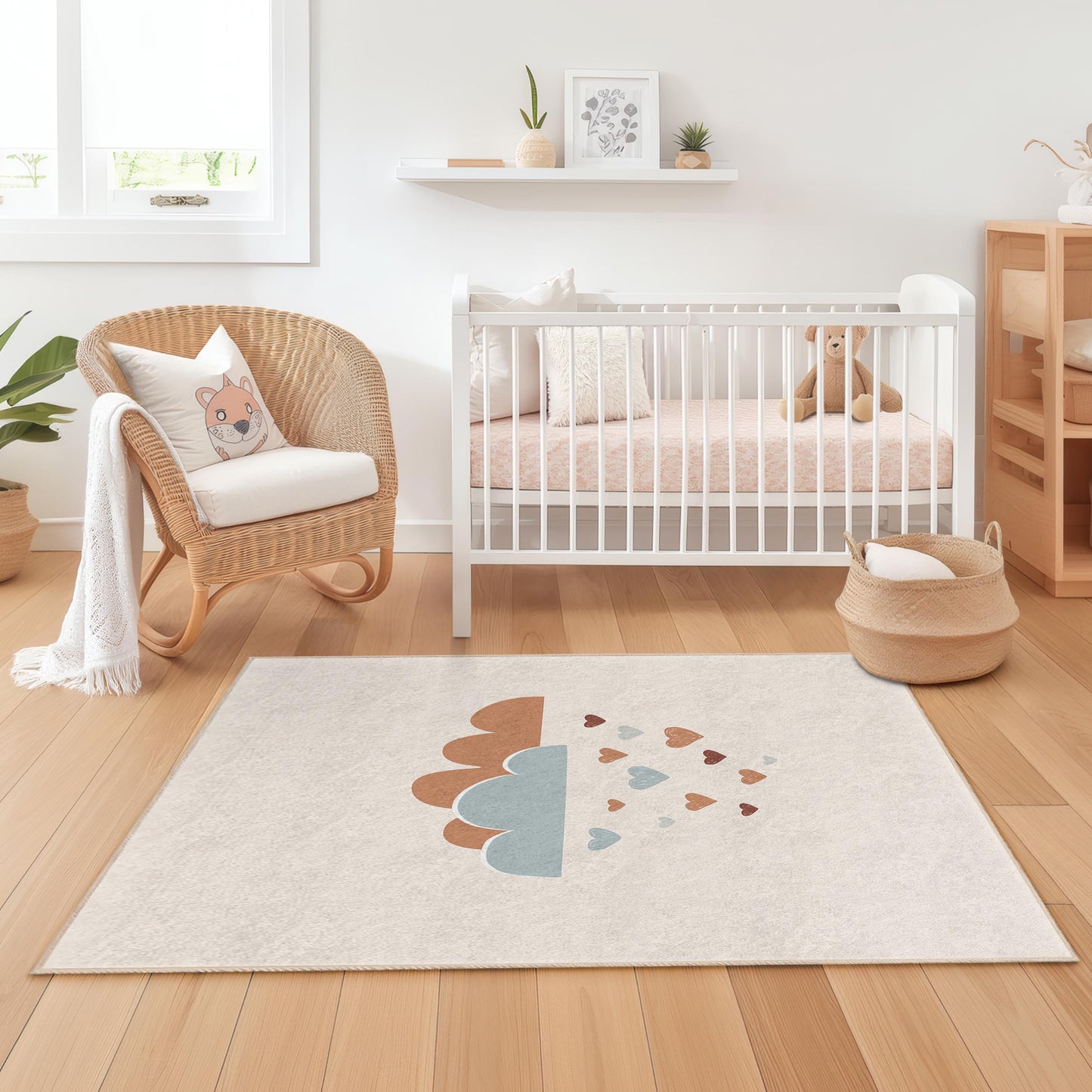 Rechteckiger Kinderteppich mit Wolken- und Herzmotiv, niedlicher Kinderzimmerteppich, Spielzimmerdekoration, weicher Kinderteppich, bezaubernder Kinderzimmerteppich