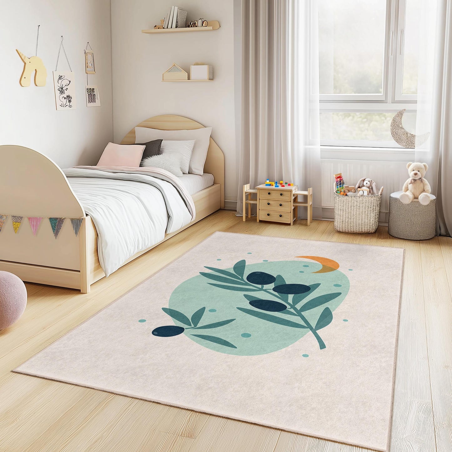 Teppich mit abstraktem Olivenzweig-Design, rechteckiger Teppich für Kinderzimmer, weicher Dekoteppich für Spielzimmer und Babyzimmer
