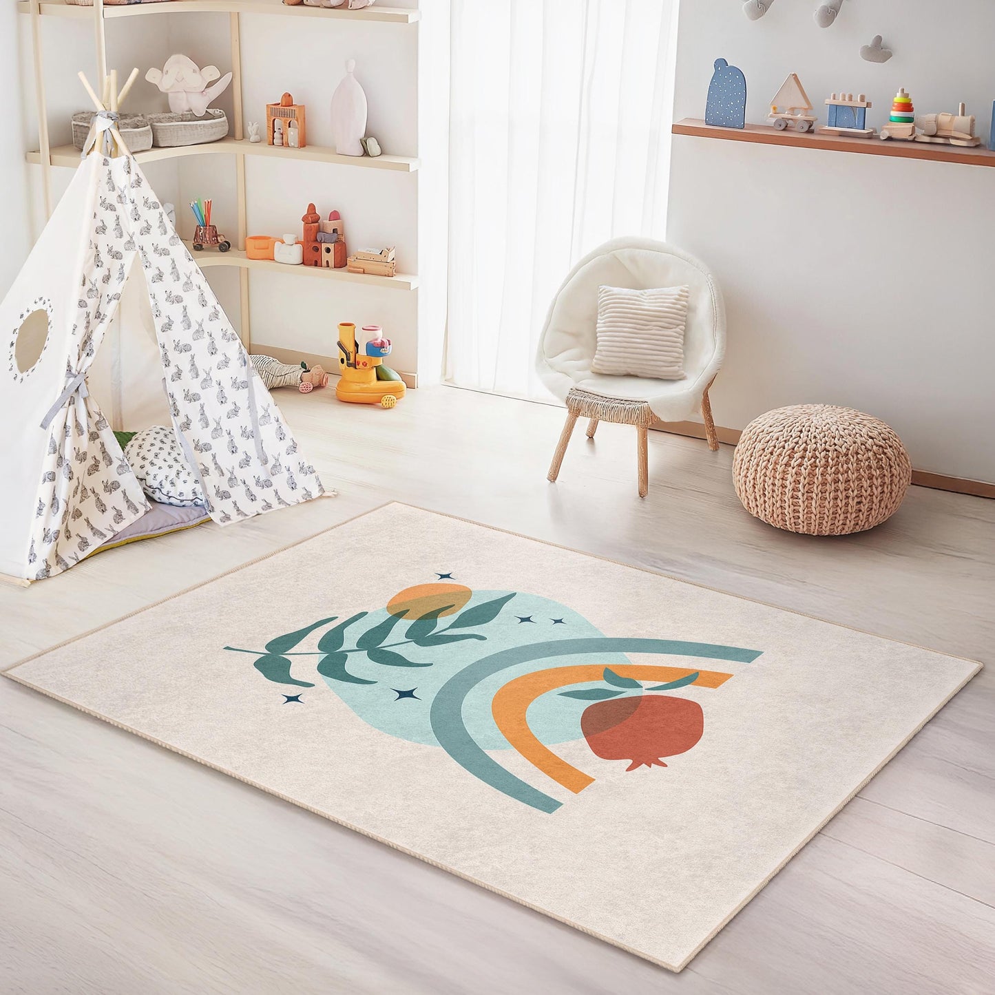 Bunter rechteckiger Kinderteppich mit Regenbogen- und Blättermuster, Spielzimmerteppich, Kinderzimmerteppich, Teppich für das Kinderzimmer, lebendiger Kinderteppich