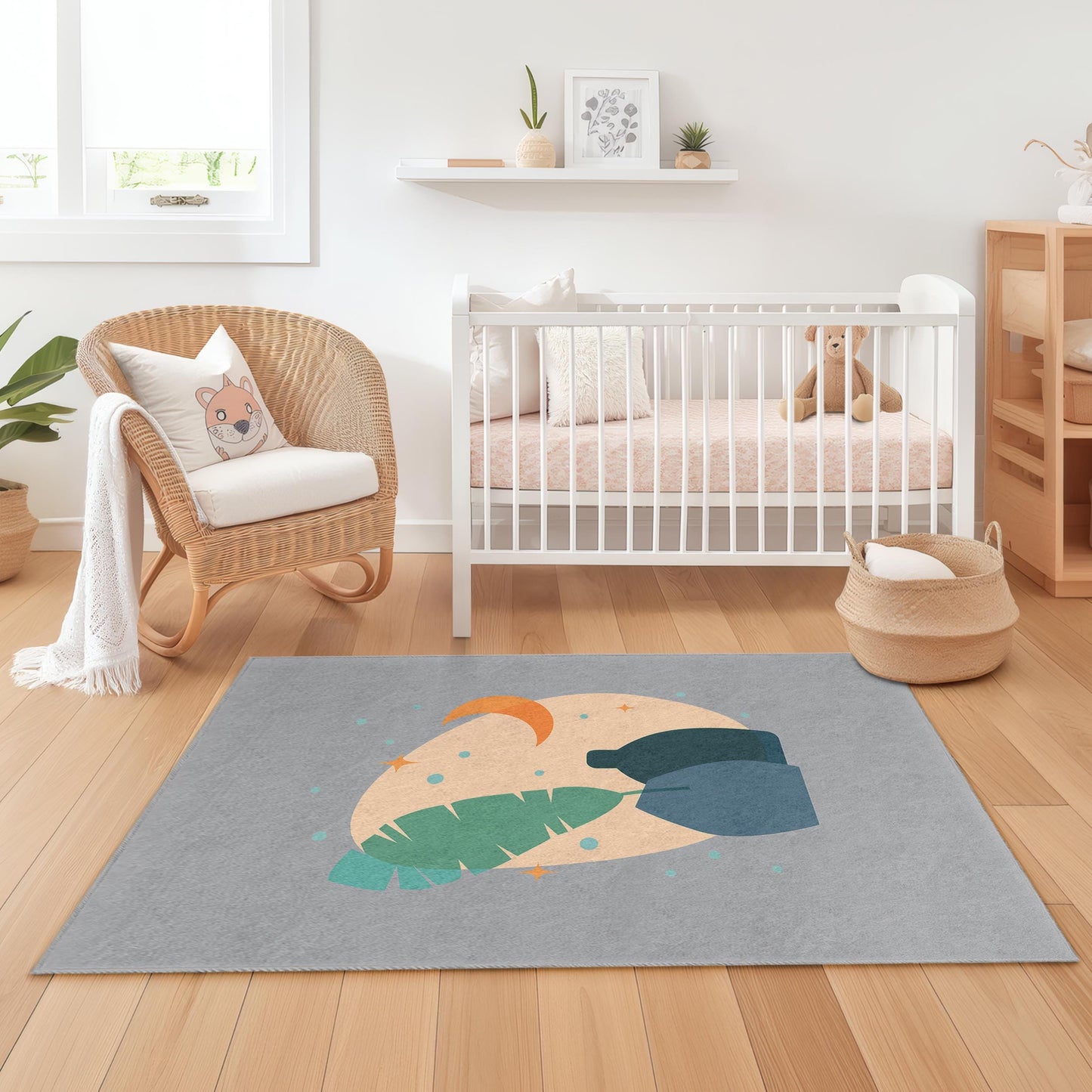 Rechteckiger Kinderzimmerteppich mit abstraktem Blatt- und Vasenmotiv, moderne Kinderzimmerdekoration, Spielzimmerteppich, stilvolles Wohnaccessoire