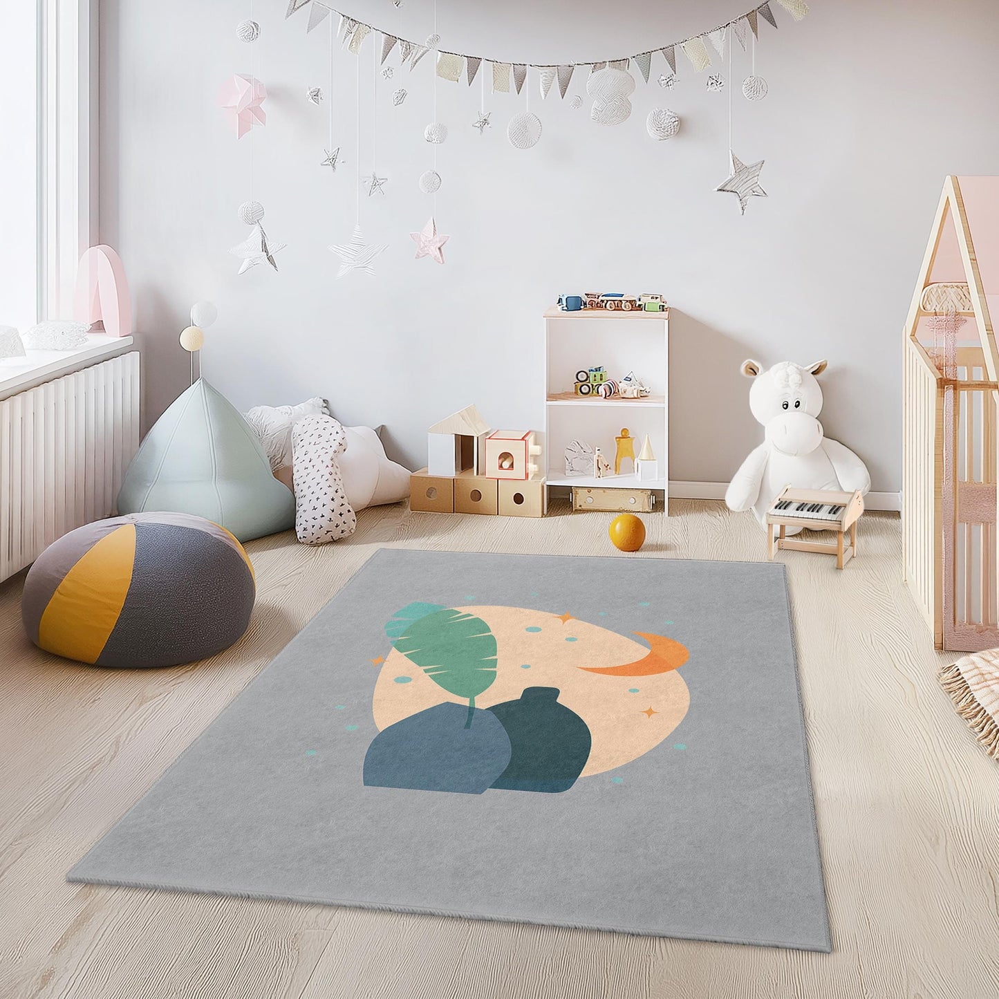 Rechteckiger Kinderzimmerteppich mit abstraktem Blatt- und Vasenmotiv, moderne Kinderzimmerdekoration, Spielzimmerteppich, stilvolles Wohnaccessoire