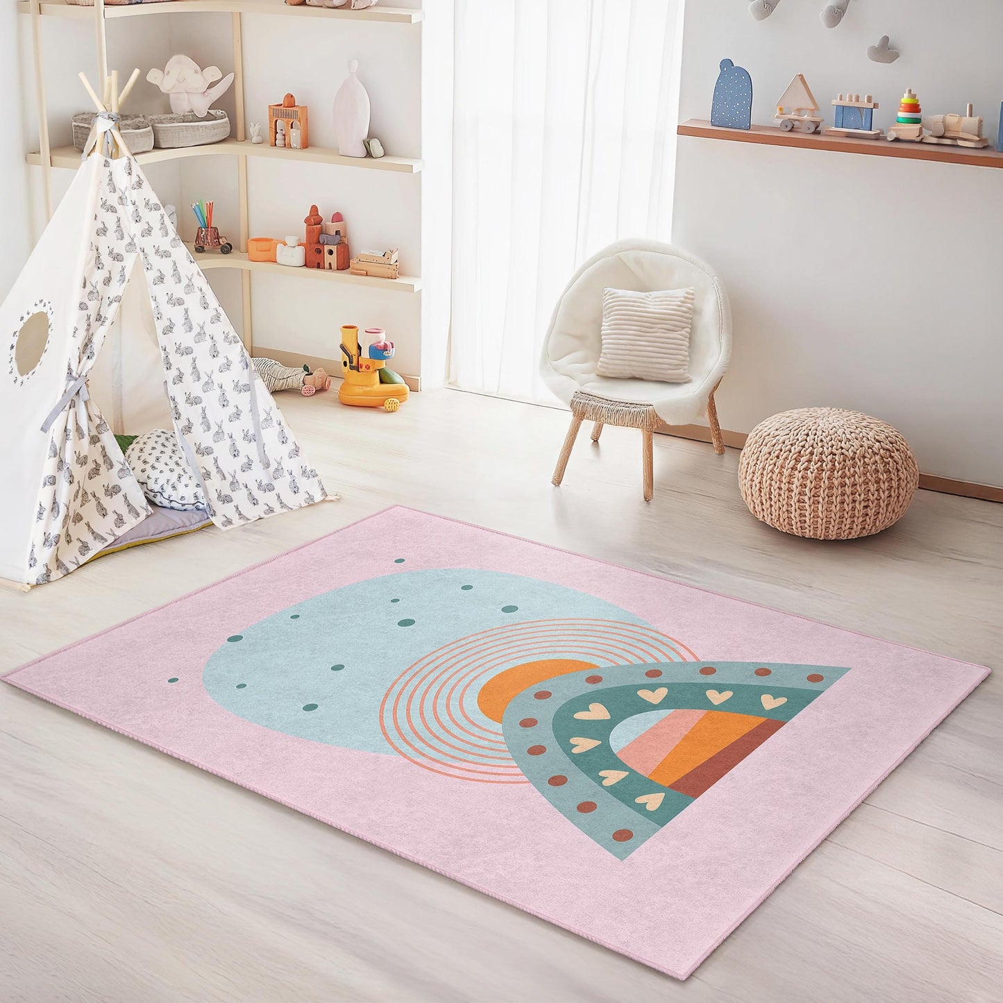 Regenbogenfarbener Bogenteppich fürs Kinderzimmer, bunter Spielzimmerteppich, rechteckiger Kinderzimmerteppich, weiche Kinderzimmerdekoration, farbenfrohe Kindermatte