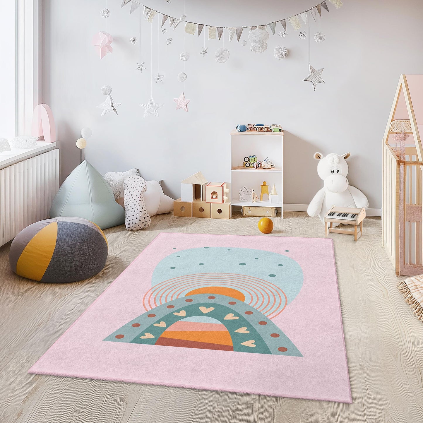 Regenbogenfarbener Bogenteppich fürs Kinderzimmer, bunter Spielzimmerteppich, rechteckiger Kinderzimmerteppich, weiche Kinderzimmerdekoration, farbenfrohe Kindermatte