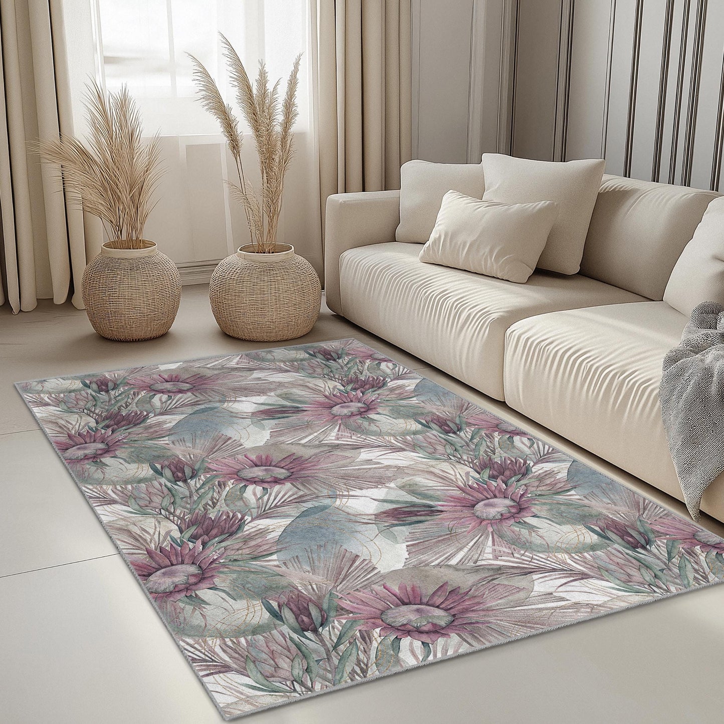 Rechteckiger Teppich „Florale Eleganz“, Teppich mit botanischem Design, Teppich mit Blumenmuster für die Heimdekoration, Wohnzimmer, Schlafzimmer, Esszimmer