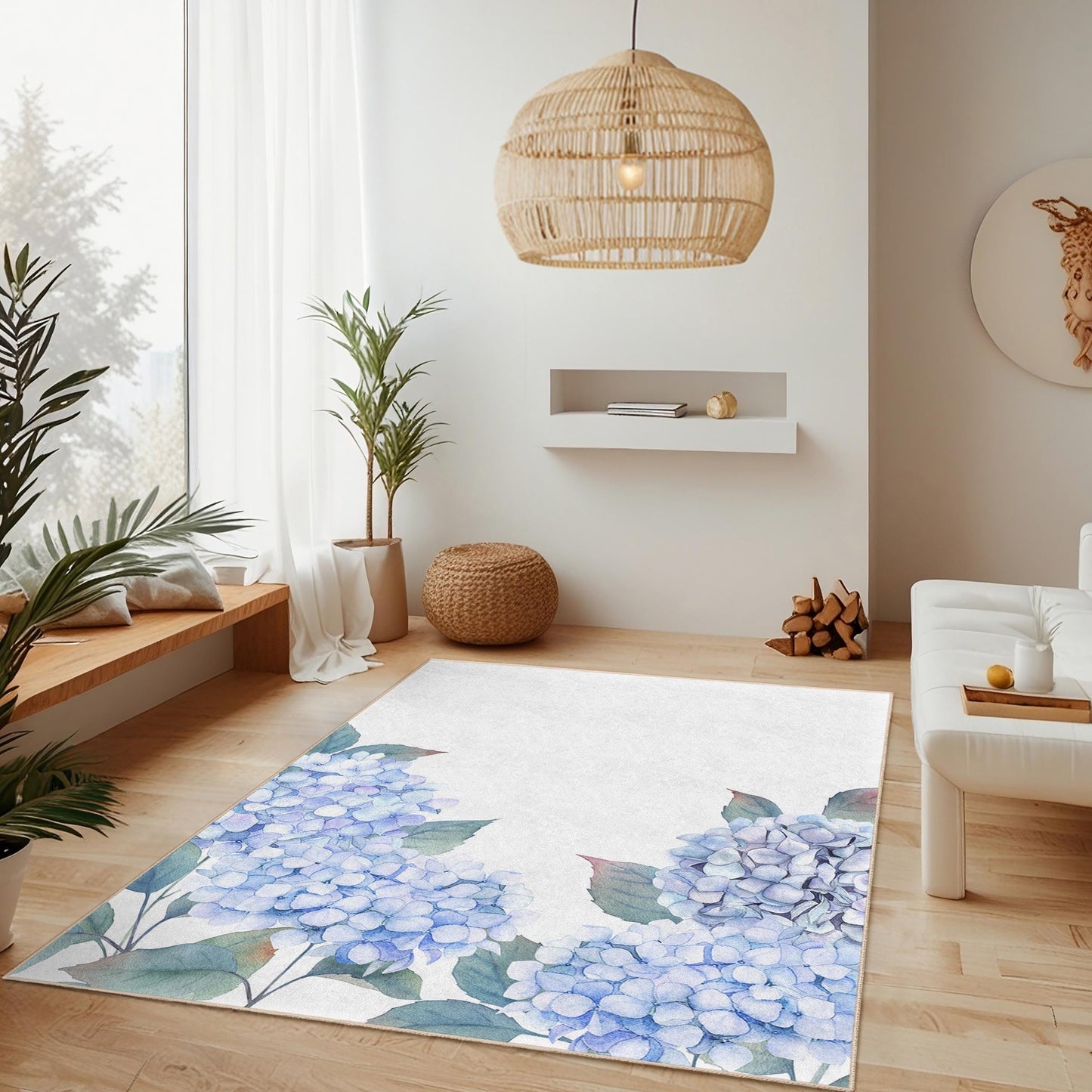 Eleganter rechteckiger Teppich mit blauem Hortensienmuster, Wohnzimmerteppich mit Blumendekor, Wohnteppich, Schlafzimmerteppich