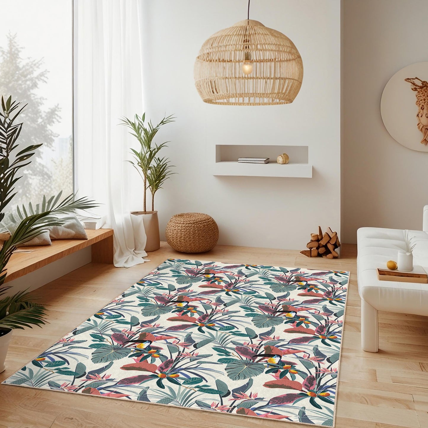Rechteckiger Teppich mit tropischem Blumenmuster, Boho-Chic-Wohndeko, Teppich für Wohnzimmer, Küche, Schlafzimmer und Büro