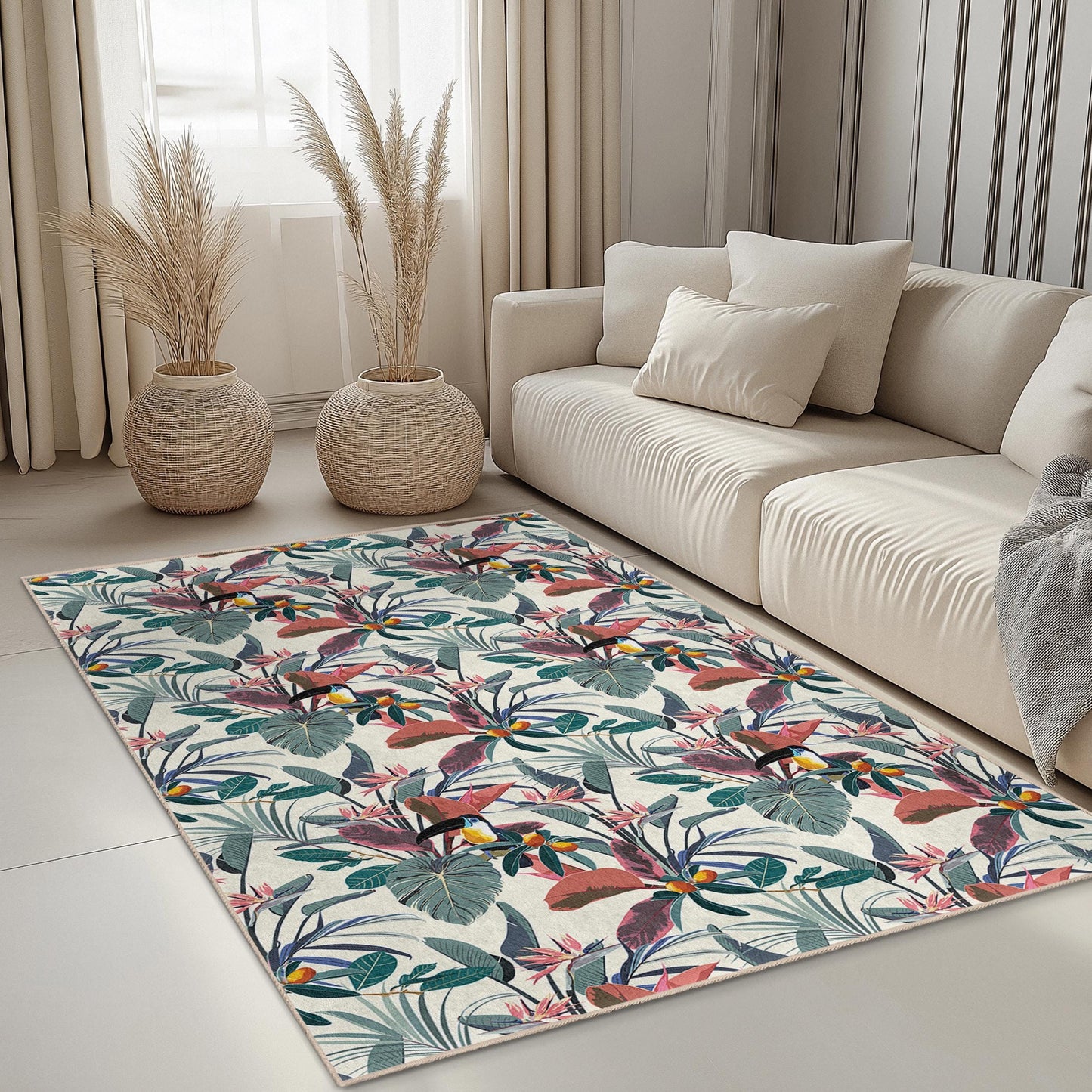Rechteckiger Teppich mit tropischem Blumenmuster, Boho-Chic-Wohndeko, Teppich für Wohnzimmer, Küche, Schlafzimmer und Büro