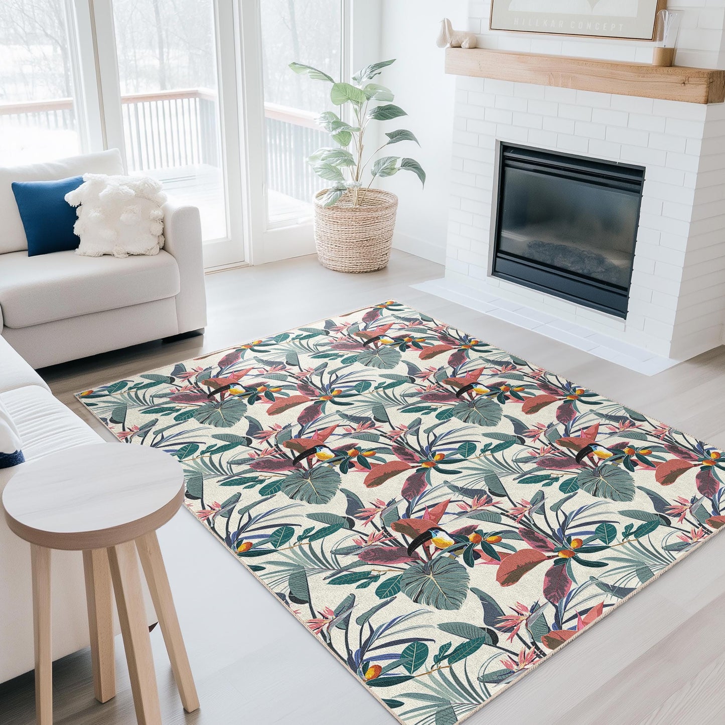 Rechteckiger Teppich mit tropischem Blumenmuster, Boho-Chic-Wohndeko, Teppich für Wohnzimmer, Küche, Schlafzimmer und Büro