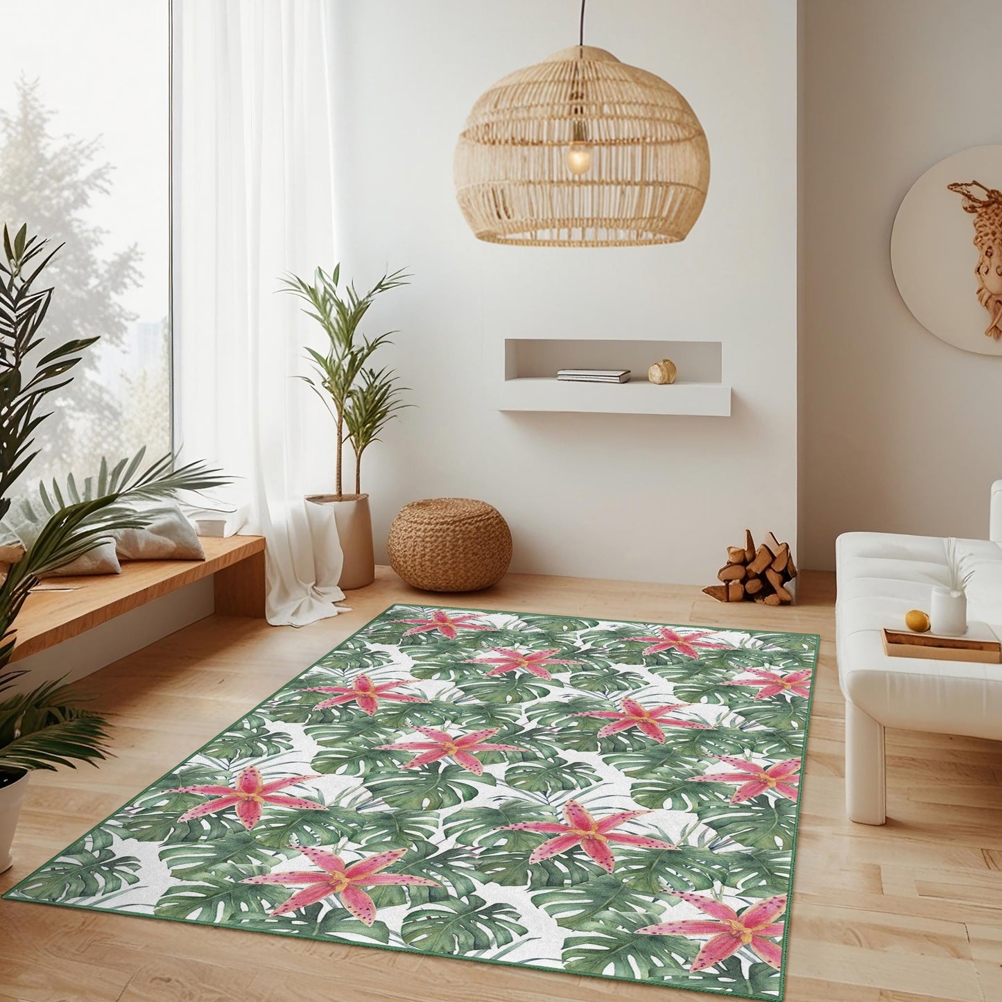 Rechteckiger Teppich mit tropischem Blumenmuster, Monstera-Blatt und rosa Blüte, für den Innenbereich, als Wohnaccessoire, Wohnzimmerteppich, Boho-Chic-Teppich