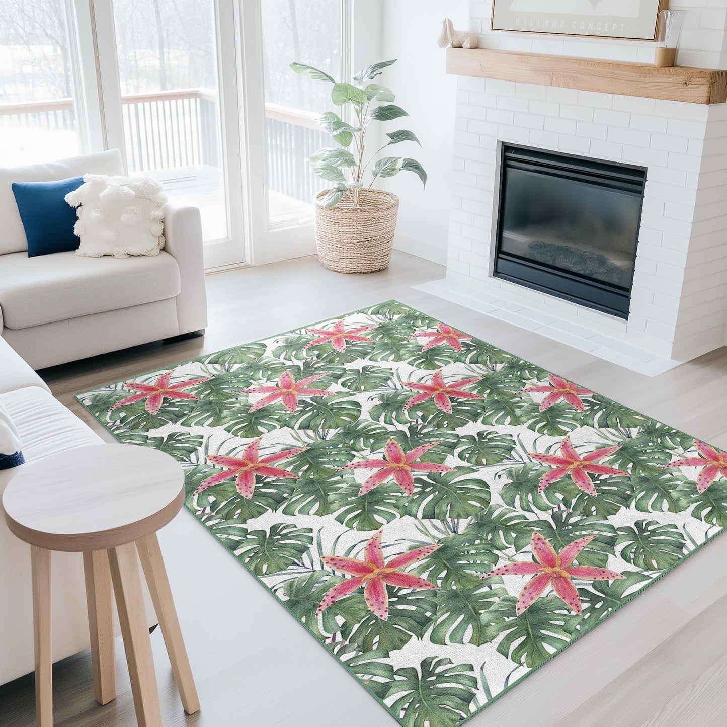 Rechteckiger Teppich mit tropischem Blumenmuster, Monstera-Blatt und rosa Blüte, für den Innenbereich, als Wohnaccessoire, Wohnzimmerteppich, Boho-Chic-Teppich