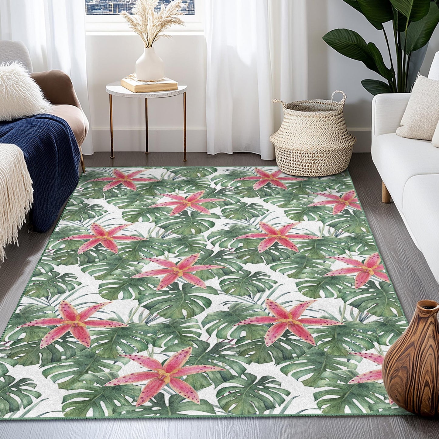 Rechteckiger Teppich mit tropischem Blumenmuster, Monstera-Blatt und rosa Blüte, für den Innenbereich, als Wohnaccessoire, Wohnzimmerteppich, Boho-Chic-Teppich