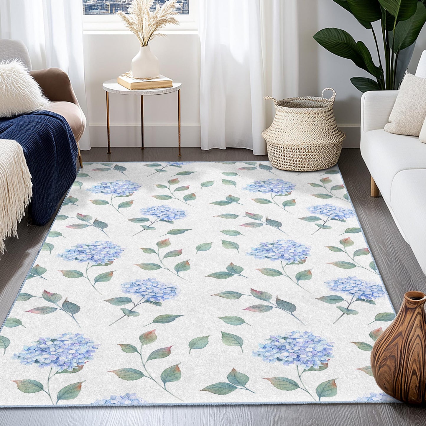 Eleganter rechteckiger Teppich mit blauem Hortensienmuster, floraler Teppich für das Wohnzimmer, weicher Teppich für die Heimdekoration, Fußmatte mit Blumendesign