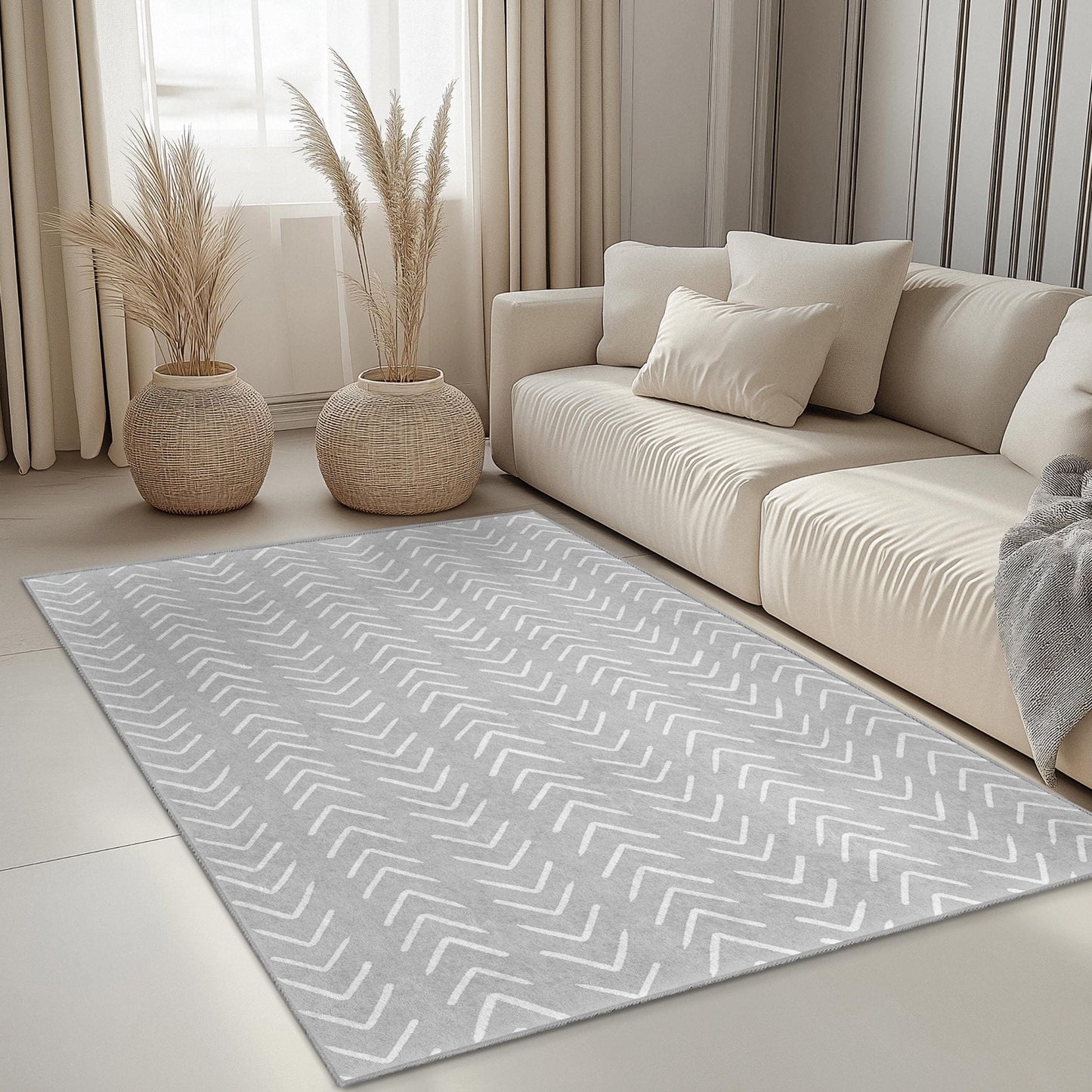 Rechteckiger Teppich mit Chevron-Muster, moderner grau-weißer Teppich, stilvoller Wohnzimmerteppich, elegante Wohndekoration, weiche Bodenmatte