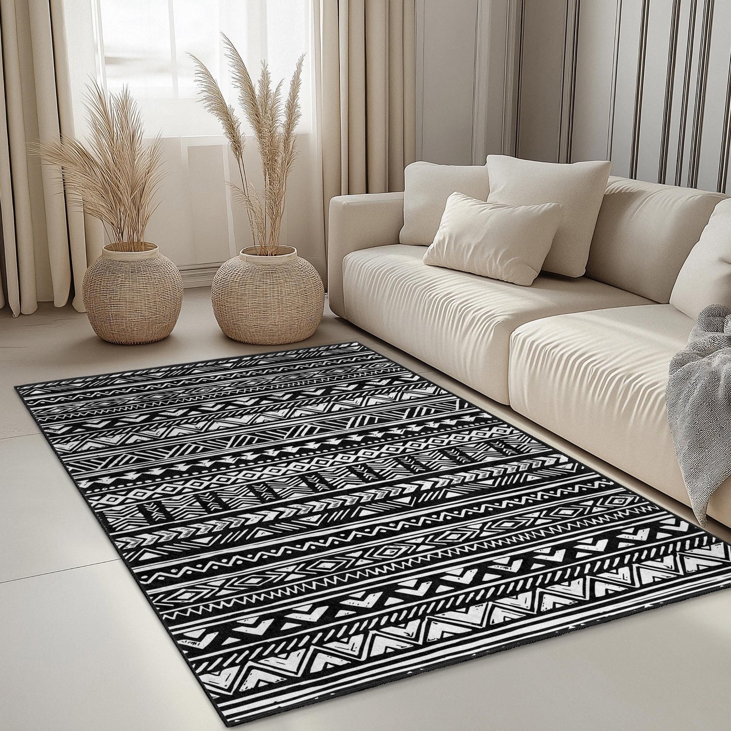 Rechteckiger Teppich mit geometrischem Muster in Schwarz-Weiß, moderner Boho-Teppich, stilvoller Wohnzimmerteppich, dekorative Fußmatte