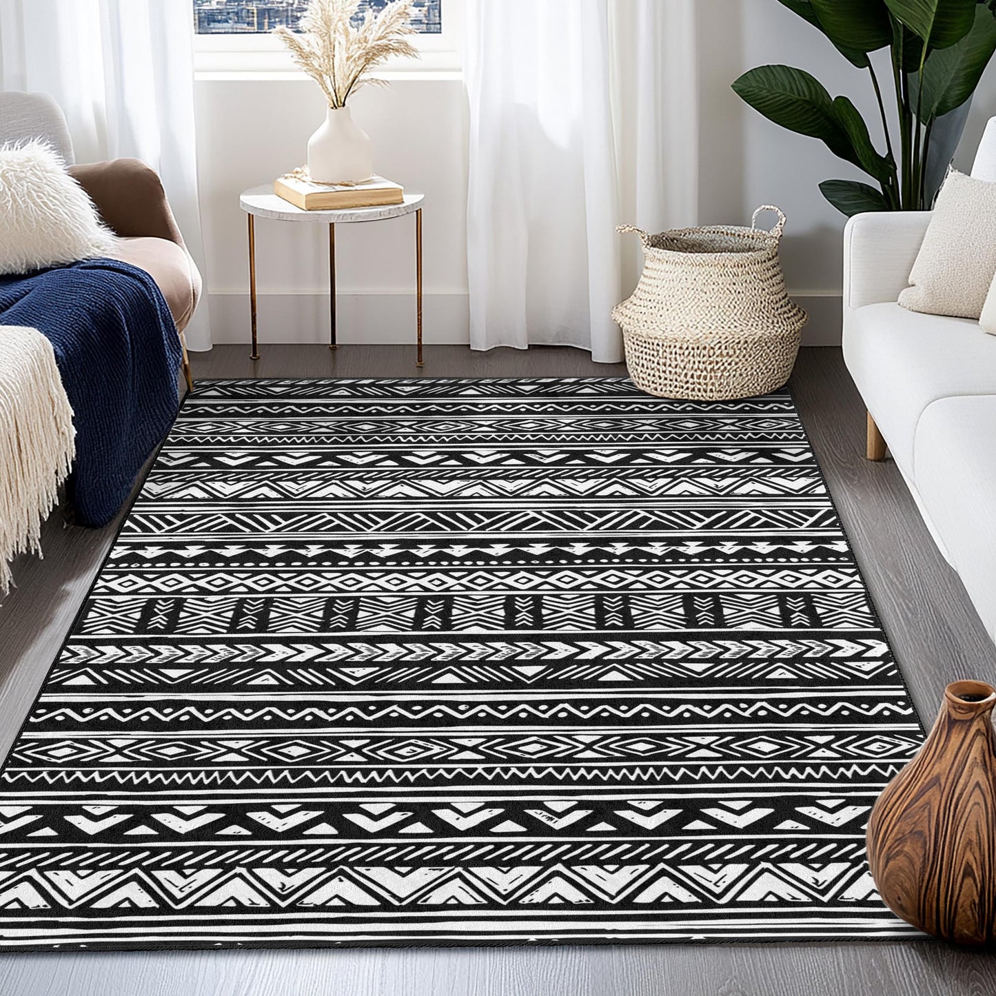 Rechteckiger Teppich mit geometrischem Muster in Schwarz-Weiß, moderner Boho-Teppich, stilvoller Wohnzimmerteppich, dekorative Fußmatte