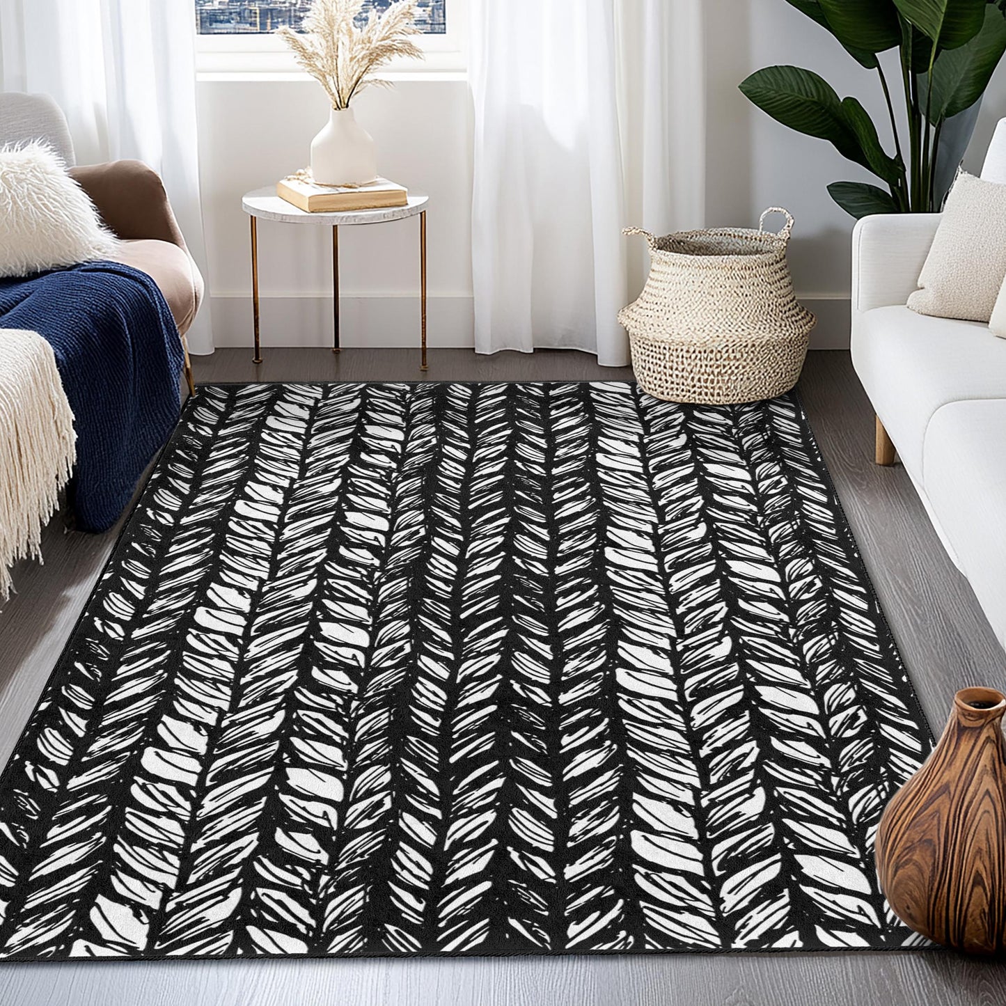 Stilvoller rechteckiger Teppich mit schwarz-weißem Blattmuster, moderner Wohnteppich, naturinspirierter Teppich für das Wohnzimmer