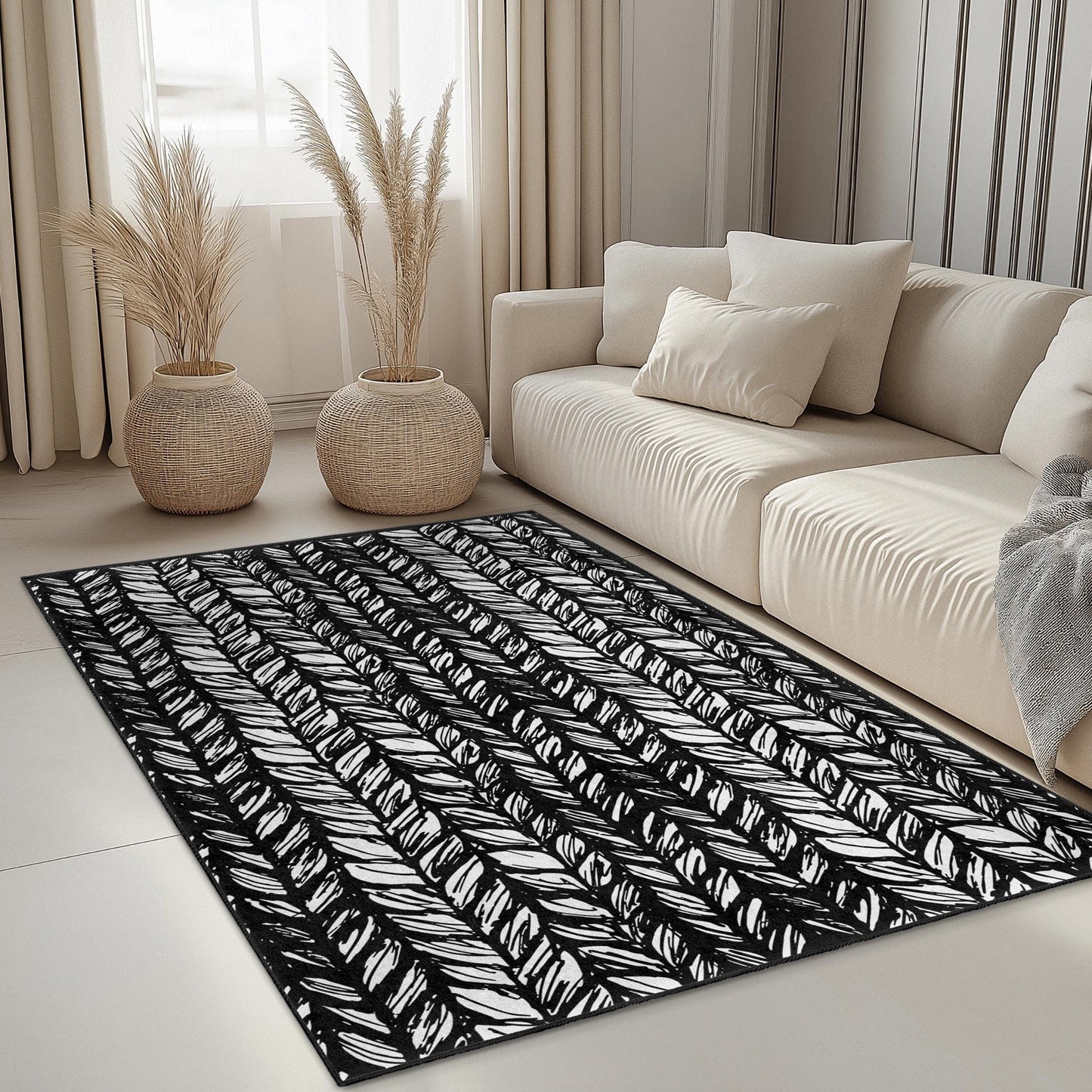Stilvoller rechteckiger Teppich mit schwarz-weißem Blattmuster, moderner Wohnteppich, naturinspirierter Teppich für das Wohnzimmer