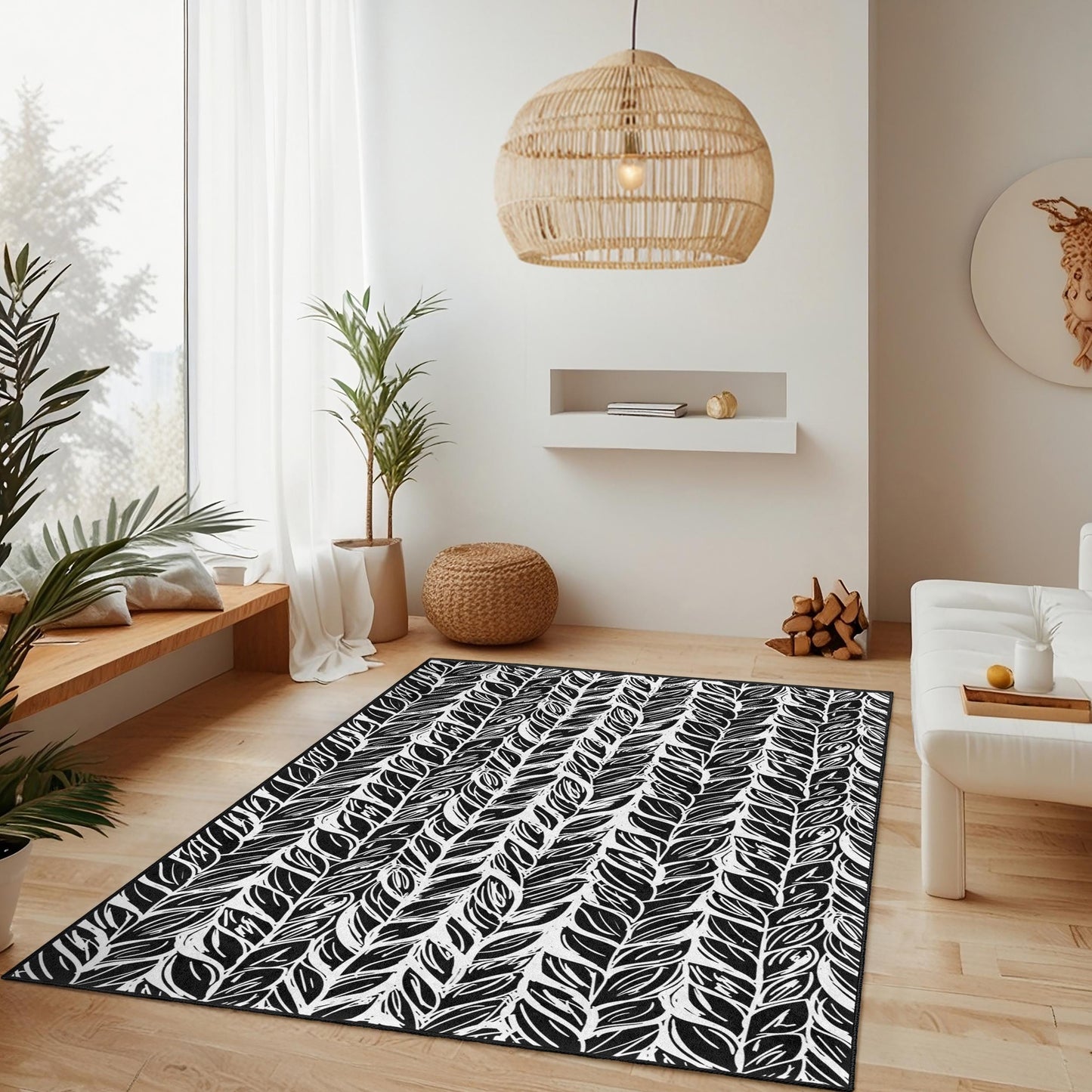 Rechteckiger Teppich mit Blattmuster, schwarz-weißes Blattdesign, stilvoller Teppich für das Wohnzimmer, moderne Wohndekoration, Teppich für den Innenbereich