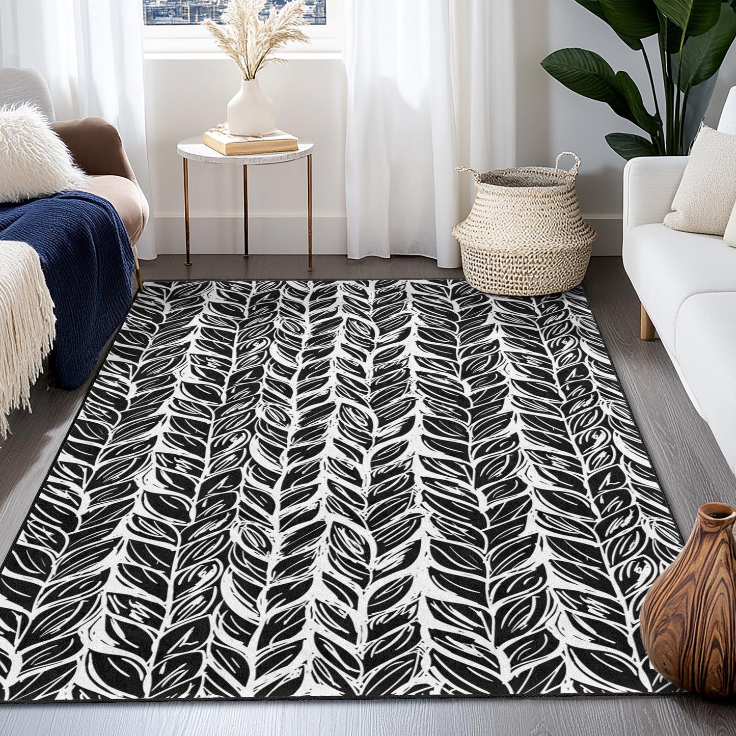 Rechteckiger Teppich mit Blattmuster, schwarz-weißes Blattdesign, stilvoller Teppich für das Wohnzimmer, moderne Wohndekoration, Teppich für den Innenbereich