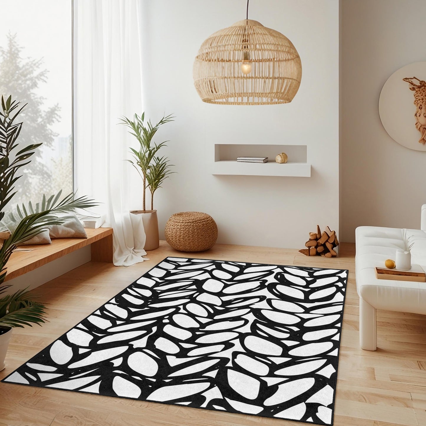 Eleganter rechteckiger Teppich mit schwarz-weißem Blattmuster, moderne Wohnaccessoires, stilvoller Wohnzimmerteppich, schicker Schlafzimmerteppich