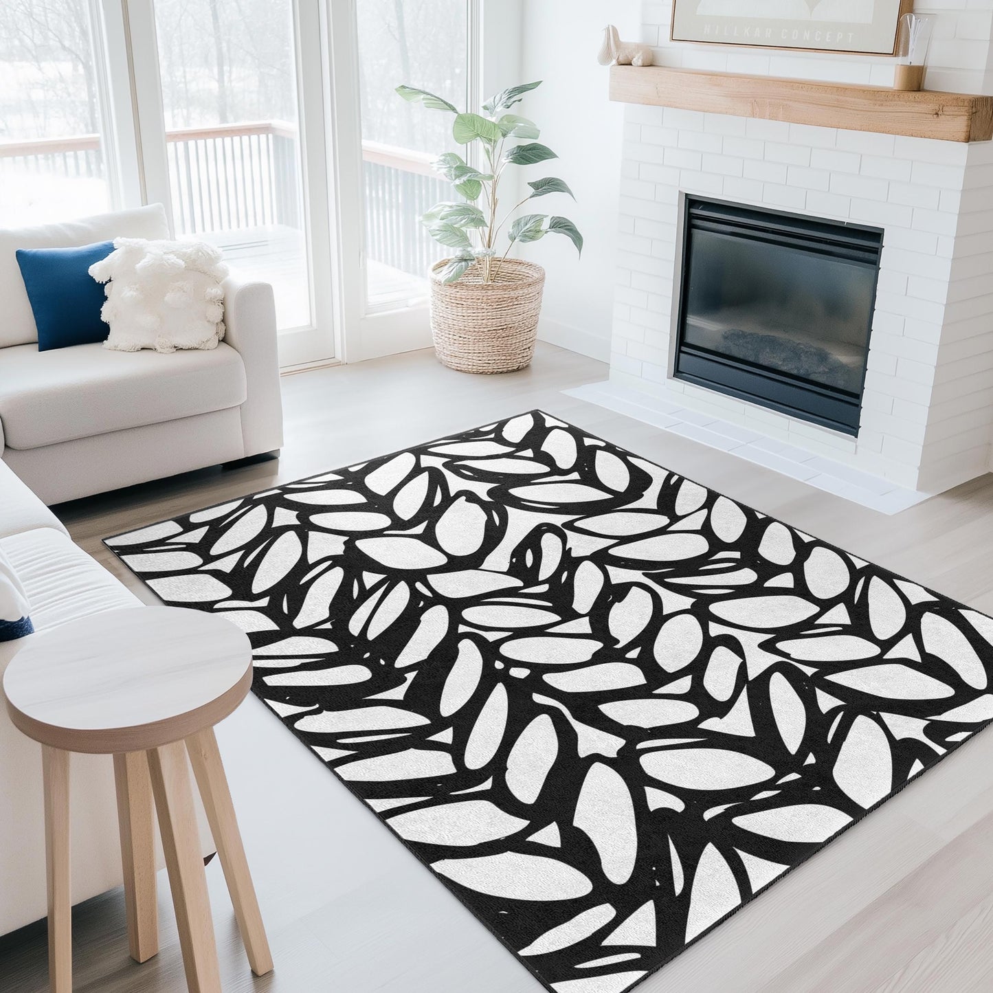Eleganter rechteckiger Teppich mit schwarz-weißem Blattmuster, moderne Wohnaccessoires, stilvoller Wohnzimmerteppich, schicker Schlafzimmerteppich