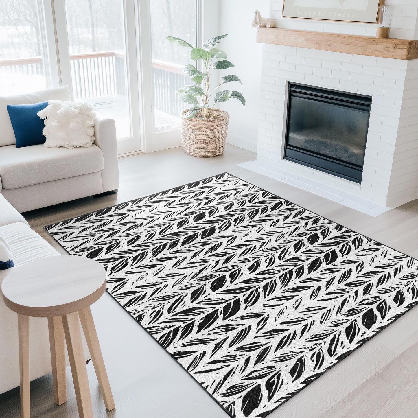 Stilvoller rechteckiger Teppich mit schwarz-weißem Blattmuster, moderner Wohnteppich, ideal für Wohn- und Schlafzimmer