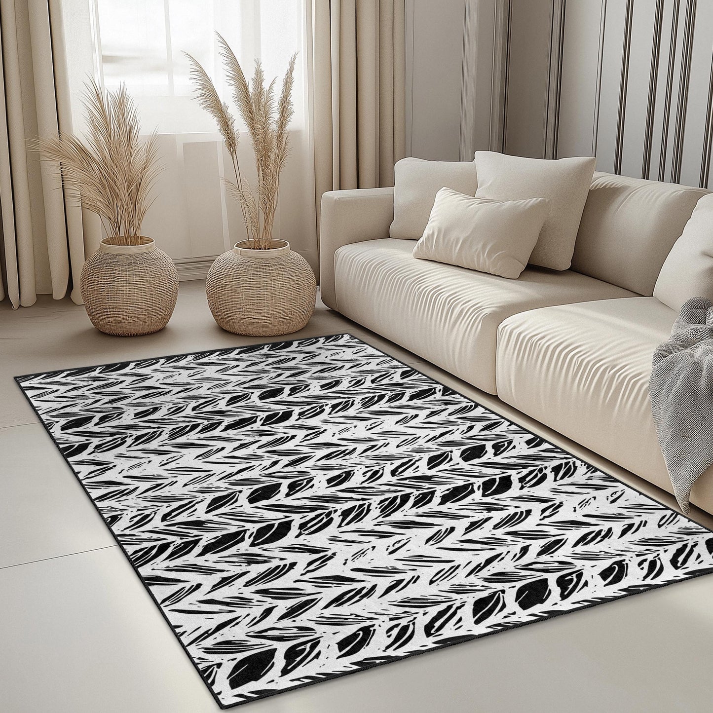 Stilvoller rechteckiger Teppich mit schwarz-weißem Blattmuster, moderner Wohnteppich, ideal für Wohn- und Schlafzimmer