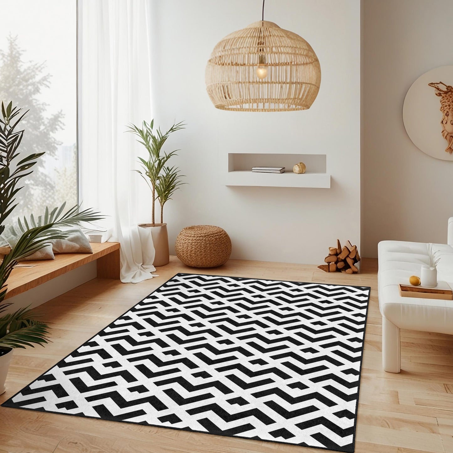 Moderner geometrischer Teppich in Schwarz-Weiß, rechteckiger Wohnzimmerteppich, stilvolle Wohndekoration, schicker geometrischer Teppich, moderne Fußmatte