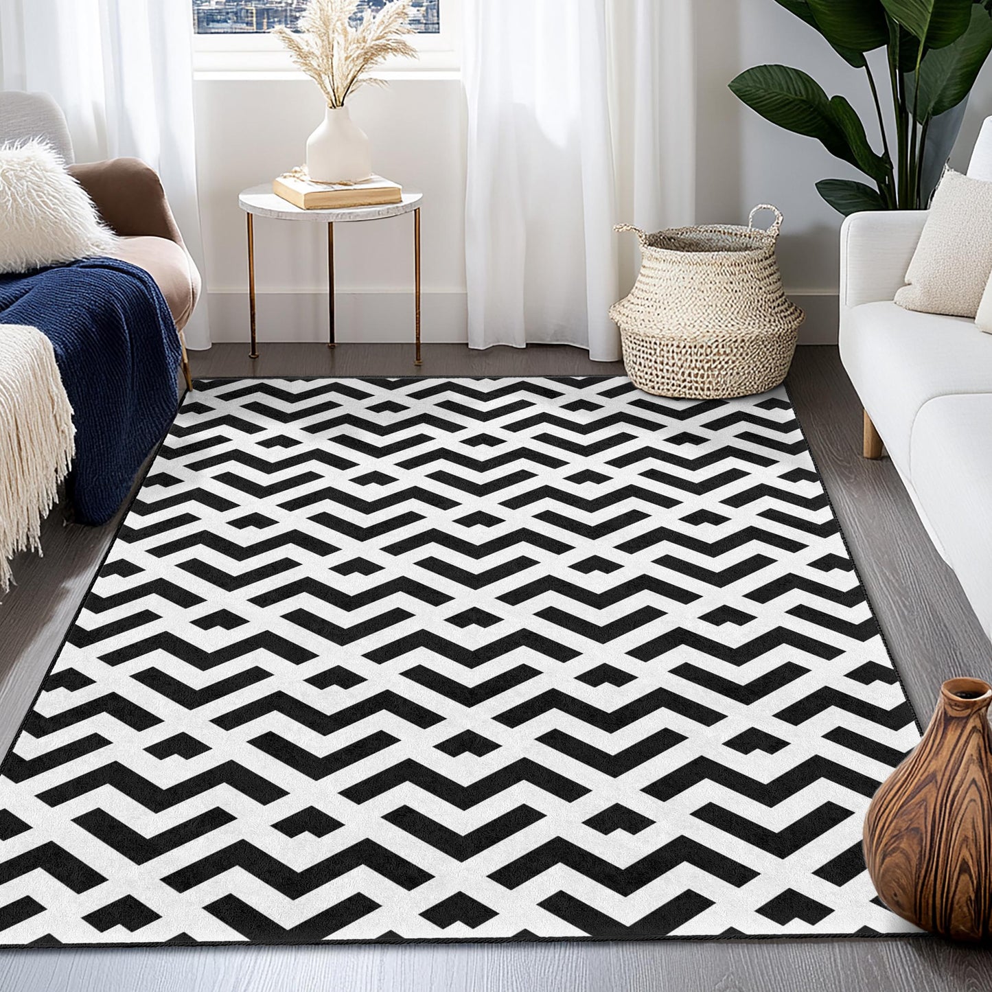 Moderner geometrischer Teppich in Schwarz-Weiß, rechteckiger Wohnzimmerteppich, stilvolle Wohndekoration, schicker geometrischer Teppich, moderne Fußmatte