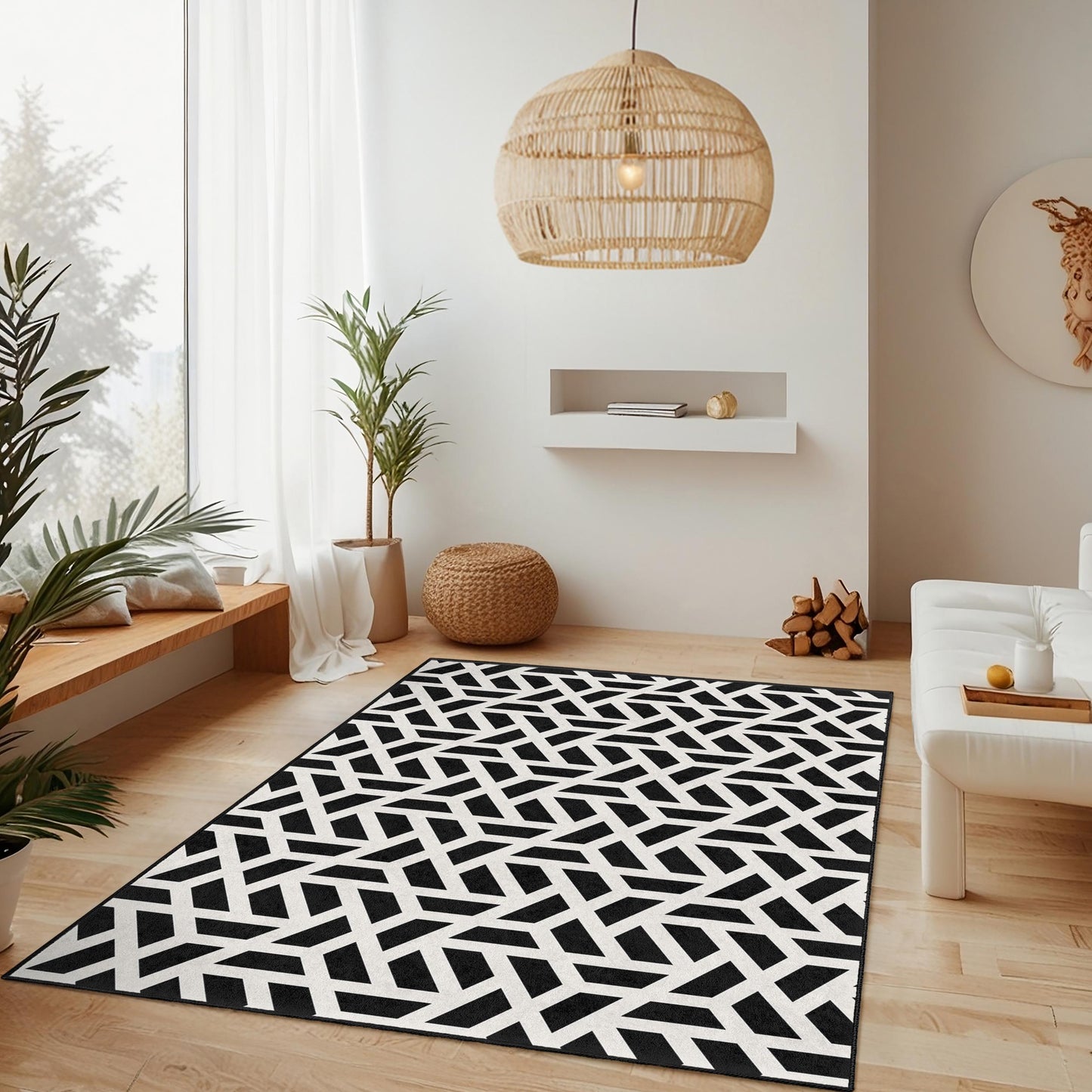 Rechteckiger Teppich mit geometrischem Muster in Schwarz-Weiß, moderner Teppich mit Muster, stilvolle Wohndekoration, Wohnzimmerteppich, Schlafzimmerteppich