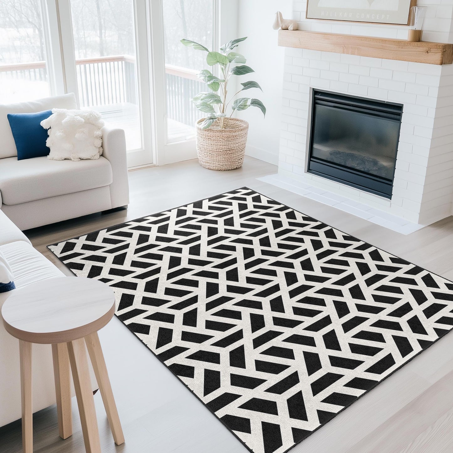 Rechteckiger Teppich mit geometrischem Muster in Schwarz-Weiß, moderner Teppich mit Muster, stilvolle Wohndekoration, Wohnzimmerteppich, Schlafzimmerteppich