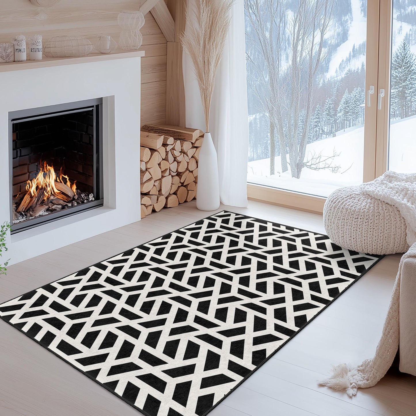 Rechteckiger Teppich mit geometrischem Muster in Schwarz-Weiß, moderner Teppich mit Muster, stilvolle Wohndekoration, Wohnzimmerteppich, Schlafzimmerteppich