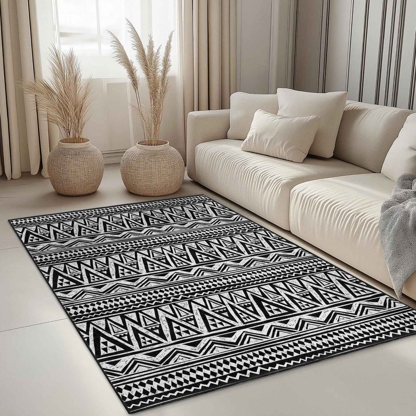 Geometrischer rechteckiger Teppich in Schwarz-Weiß, moderner Musterteppich, Teppich im Bohème-Stil, Wohnzimmerdekoration, stilvolle Fußmatte