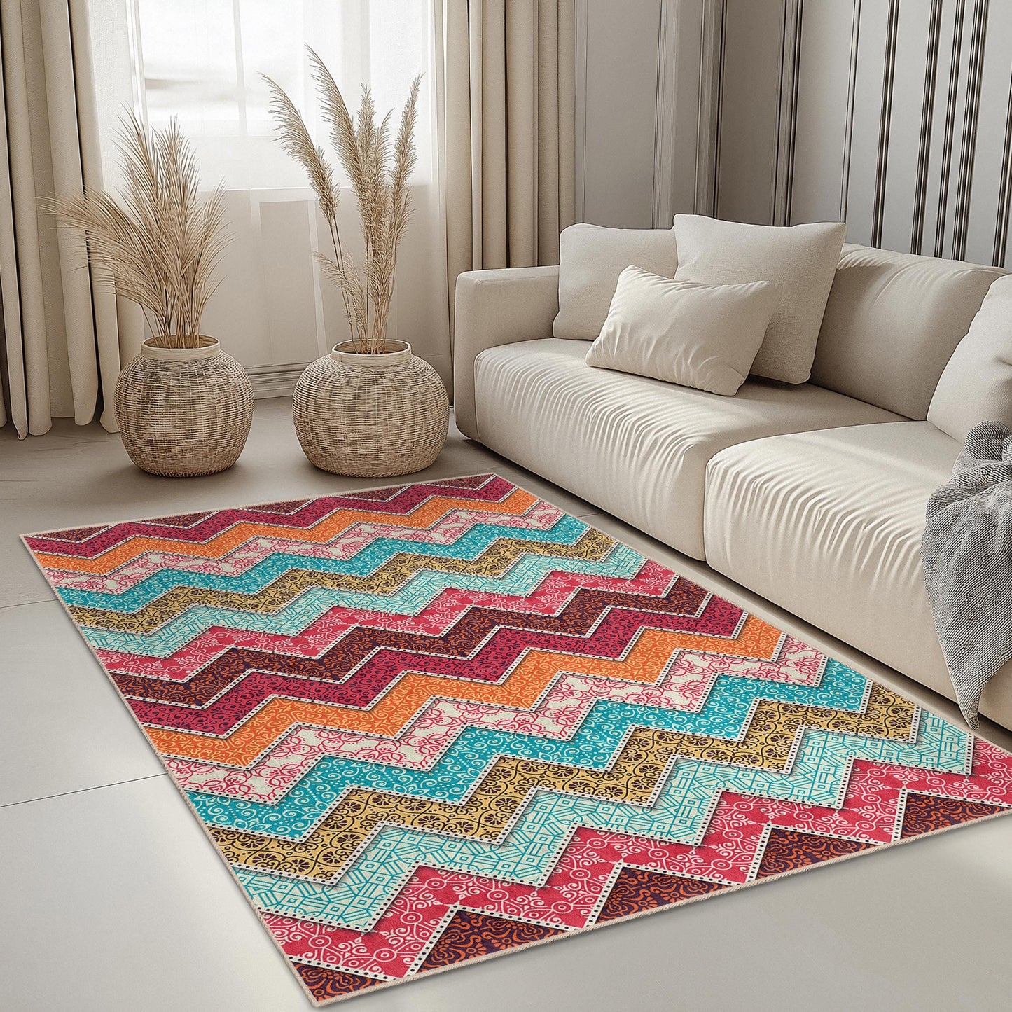 Rechteckiger Teppich mit lebhaftem Zickzackmuster, farbenfroher Teppich mit geometrischem Design, moderner Wohnzimmerteppich, stilvolle Wohndekoration