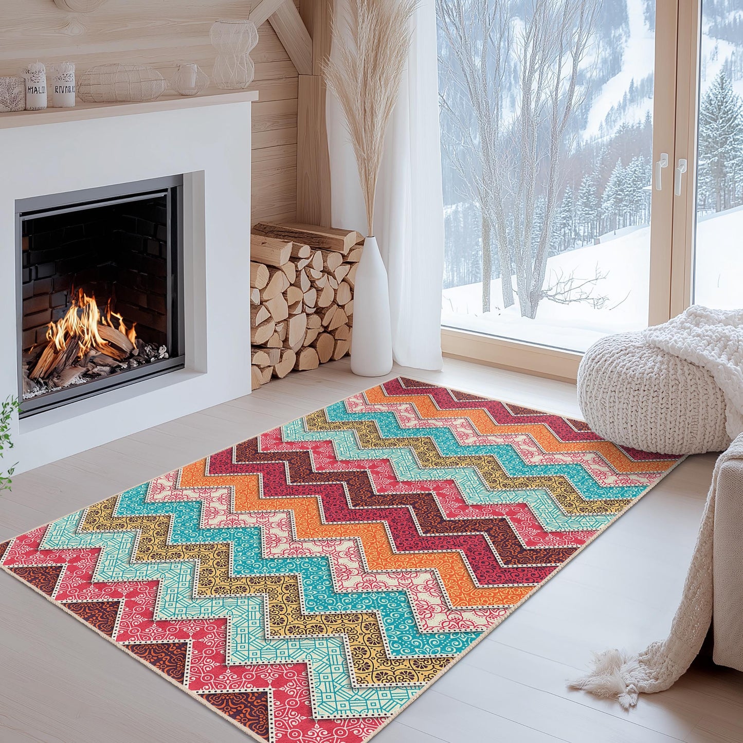 Rechteckiger Teppich mit lebhaftem Zickzackmuster, farbenfroher Teppich mit geometrischem Design, moderner Wohnzimmerteppich, stilvolle Wohndekoration