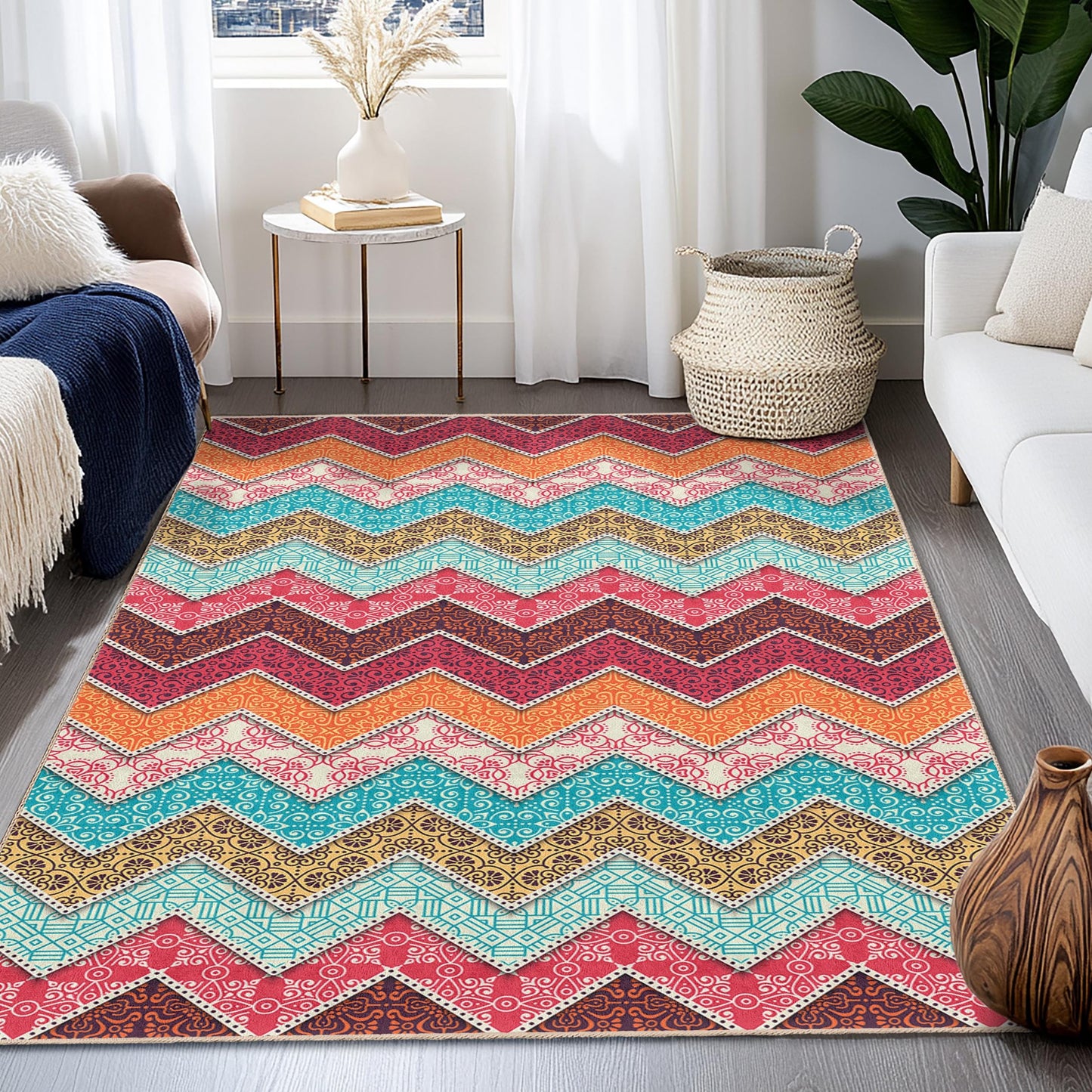 Rechteckiger Teppich mit lebhaftem Zickzackmuster, farbenfroher Teppich mit geometrischem Design, moderner Wohnzimmerteppich, stilvolle Wohndekoration