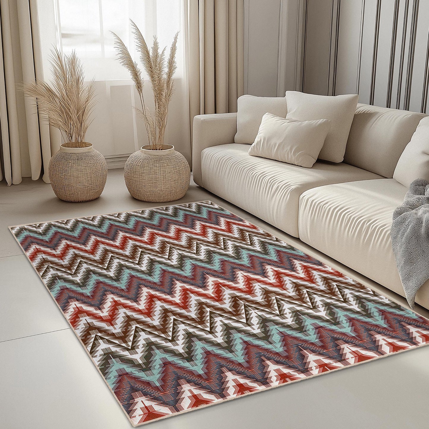 Rechteckiger Teppich mit lebhaftem Zickzackmuster, farbenfroher Teppich mit geometrischem Design, moderner Wohnzimmerteppich, stilvolle Wohndekoration