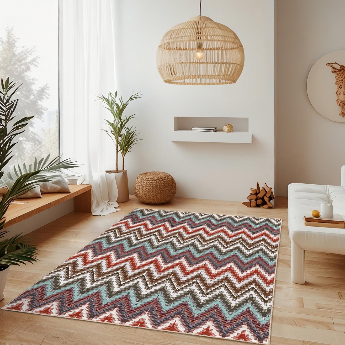 Rechteckiger Teppich mit lebhaftem Zickzackmuster, farbenfroher Teppich mit geometrischem Design, moderner Wohnzimmerteppich, stilvolle Wohndekoration
