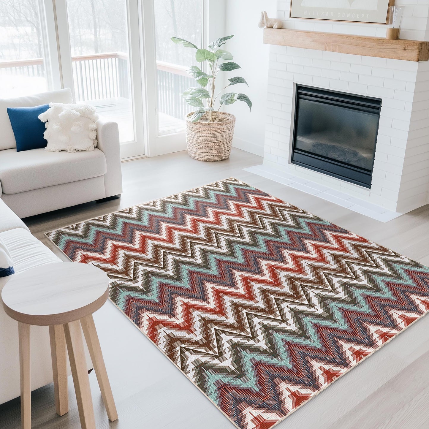 Rechteckiger Teppich mit lebhaftem Zickzackmuster, farbenfroher Teppich mit geometrischem Design, moderner Wohnzimmerteppich, stilvolle Wohndekoration