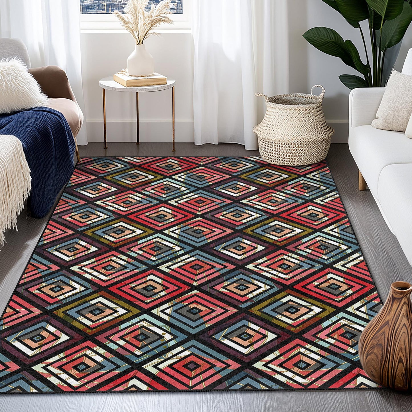 Rechteckiger Teppich mit geometrischem Muster, moderner Teppich im Rautenmuster, stilvoller Wohnzimmerteppich, Wohnaccessoire, Schlafzimmerteppich