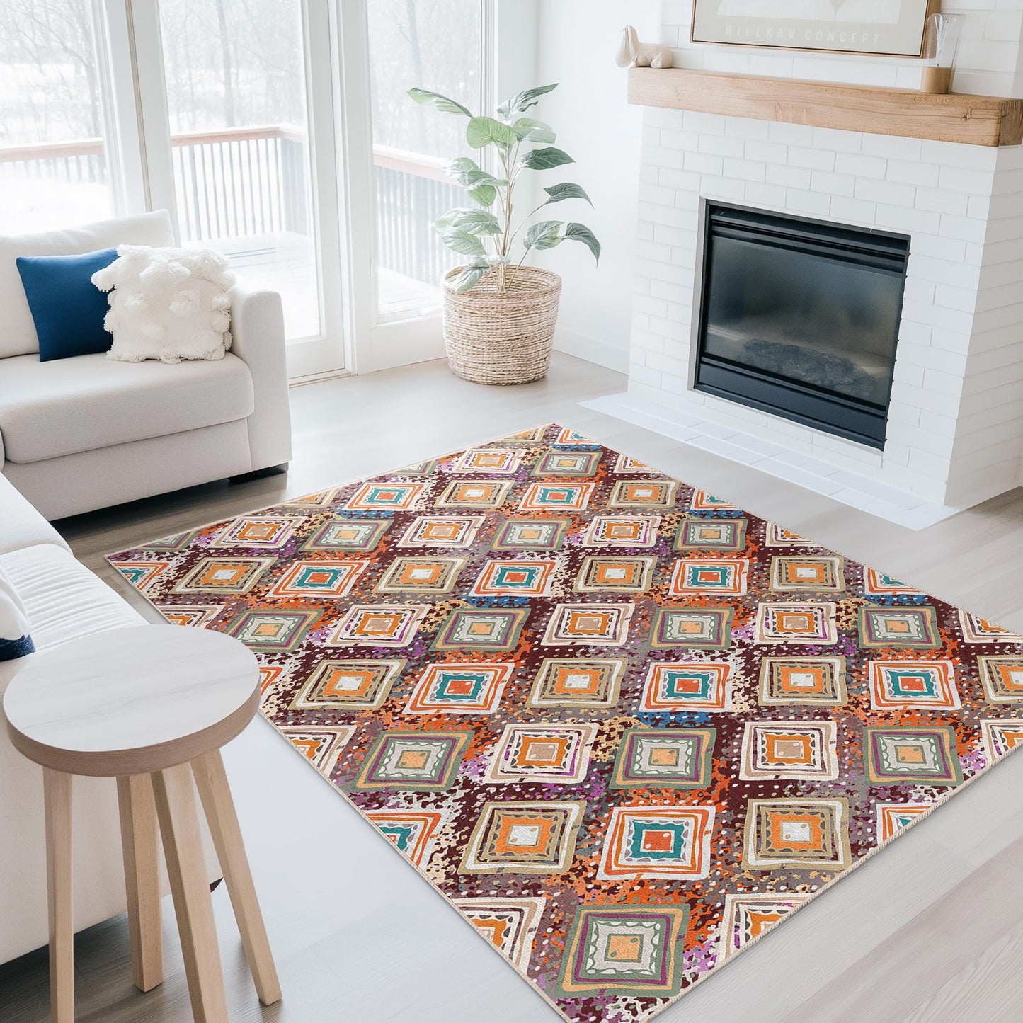Rechteckiger Teppich mit farbenfrohem geometrischem Muster, moderner Wohnteppich, stilvoller Wohnzimmerteppich, einzigartiger Schlafzimmerteppich