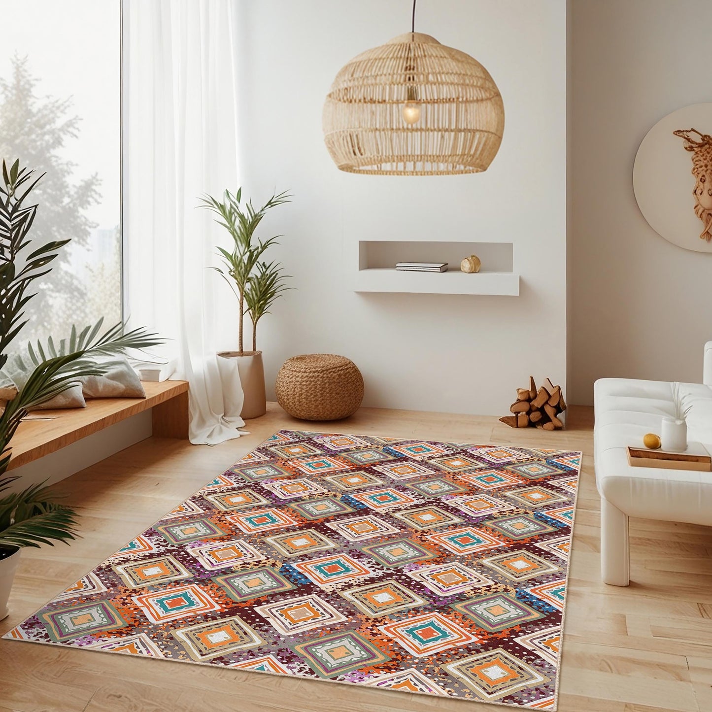 Rechteckiger Teppich mit farbenfrohem geometrischem Muster, moderner Wohnteppich, stilvoller Wohnzimmerteppich, einzigartiger Schlafzimmerteppich