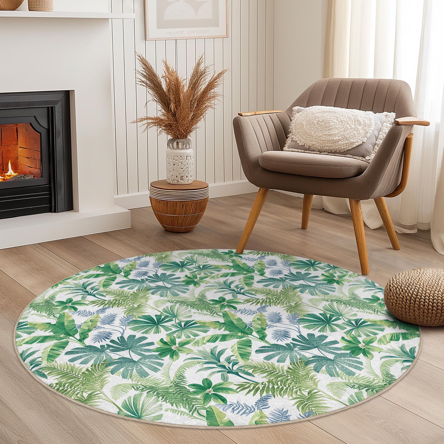 Runder Teppich mit tropischem Blättermuster, grüner Boho-Teppich, florale Wohnzimmerdekoration, runder Teppich für Zuhause, naturinspirierte Fußmatte