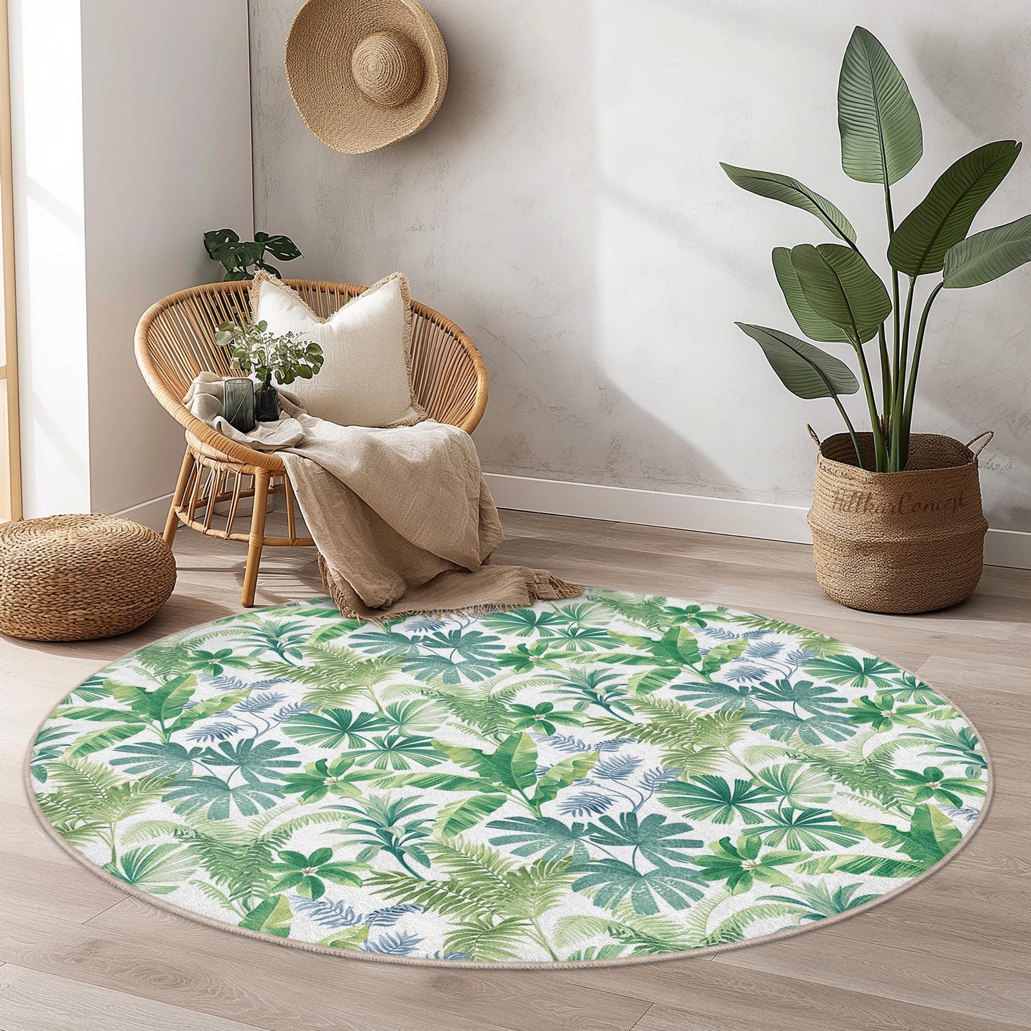 Runder Teppich mit tropischem Blättermuster, grüner Boho-Teppich, florale Wohnzimmerdekoration, runder Teppich für Zuhause, naturinspirierte Fußmatte